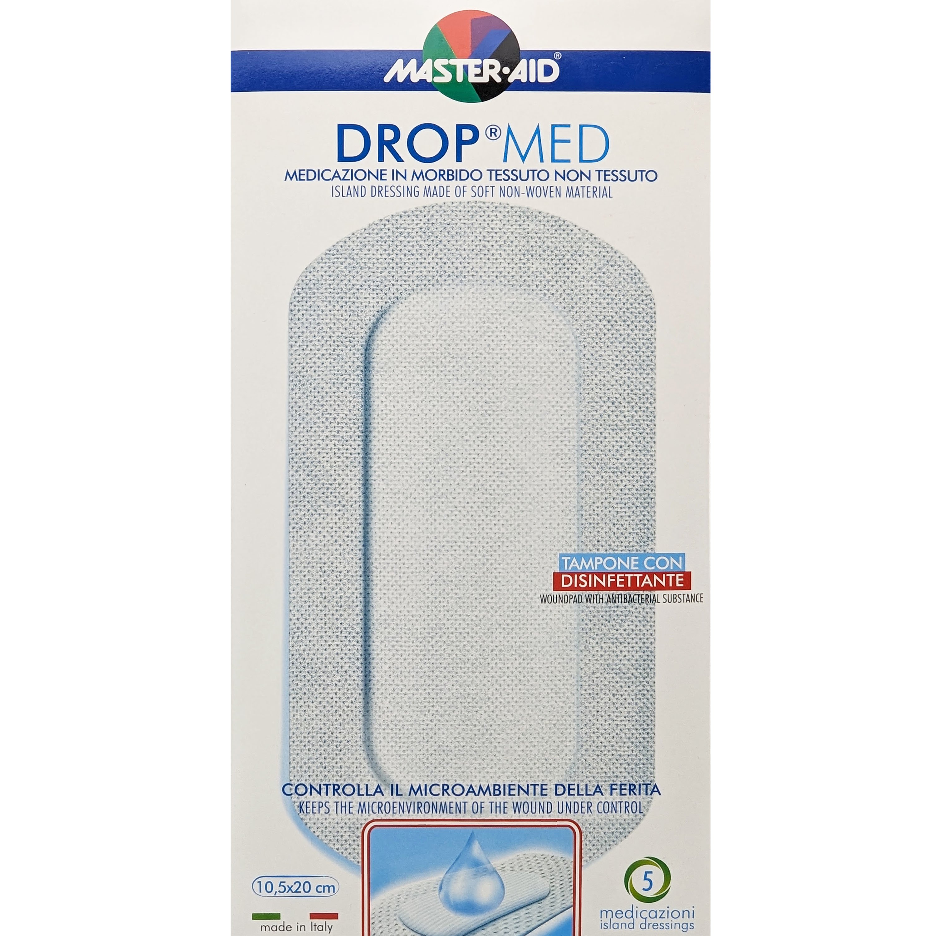 Master Aid Drop Med Woundpad with Antibacterial Substance 10.5x20cm Αυτοκόλλητες, Αντικολλητικές Γάζες Εμποτισμένες με Απολυμαντικό 5 Τεμάχια