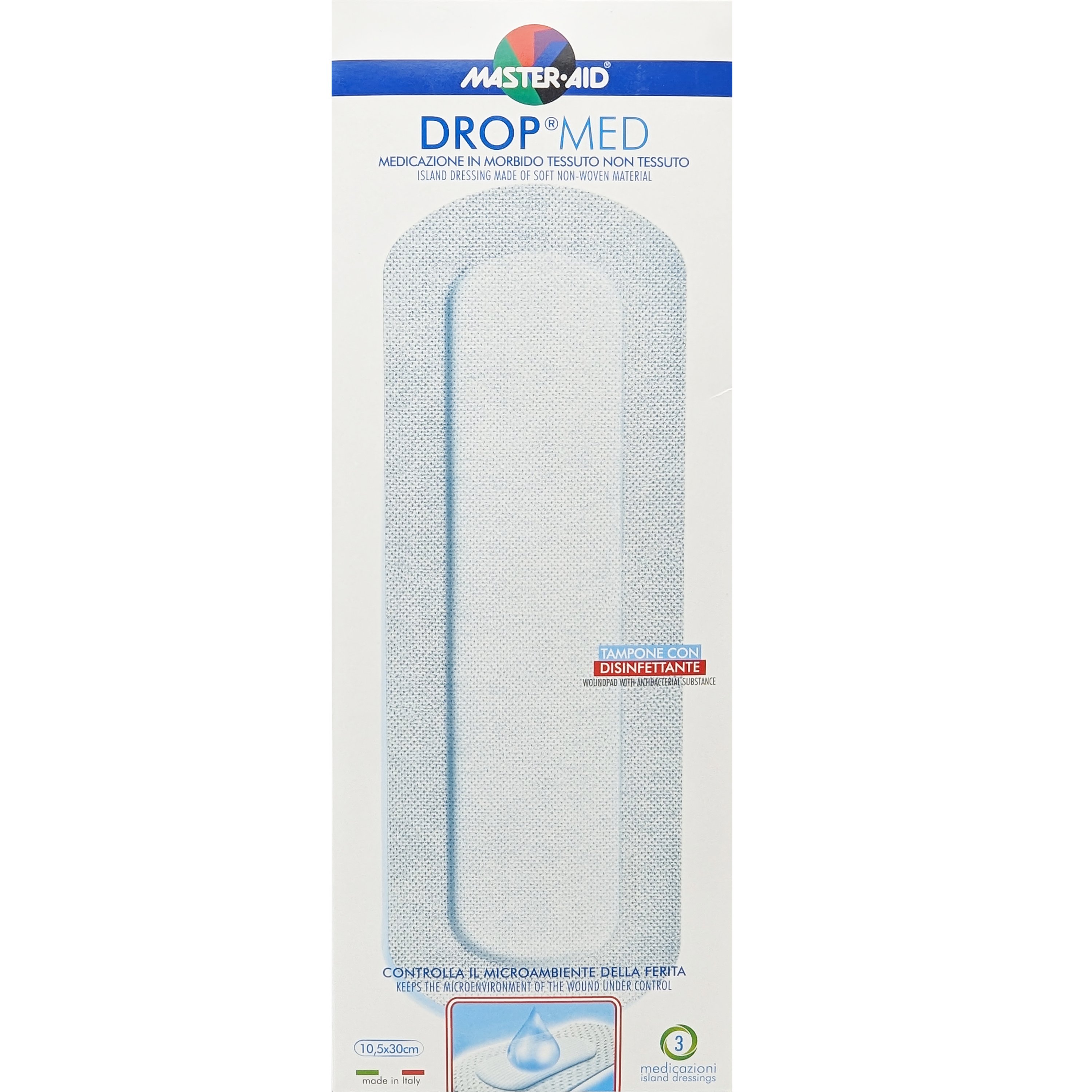 Master Aid Drop Med Woundpad with Antibacterial Substance 10.5x30cm Αυτοκόλλητες, Αντικολλητικές Γάζες Εμποτισμένες με Απολυμαντικό 3 Τεμάχια
