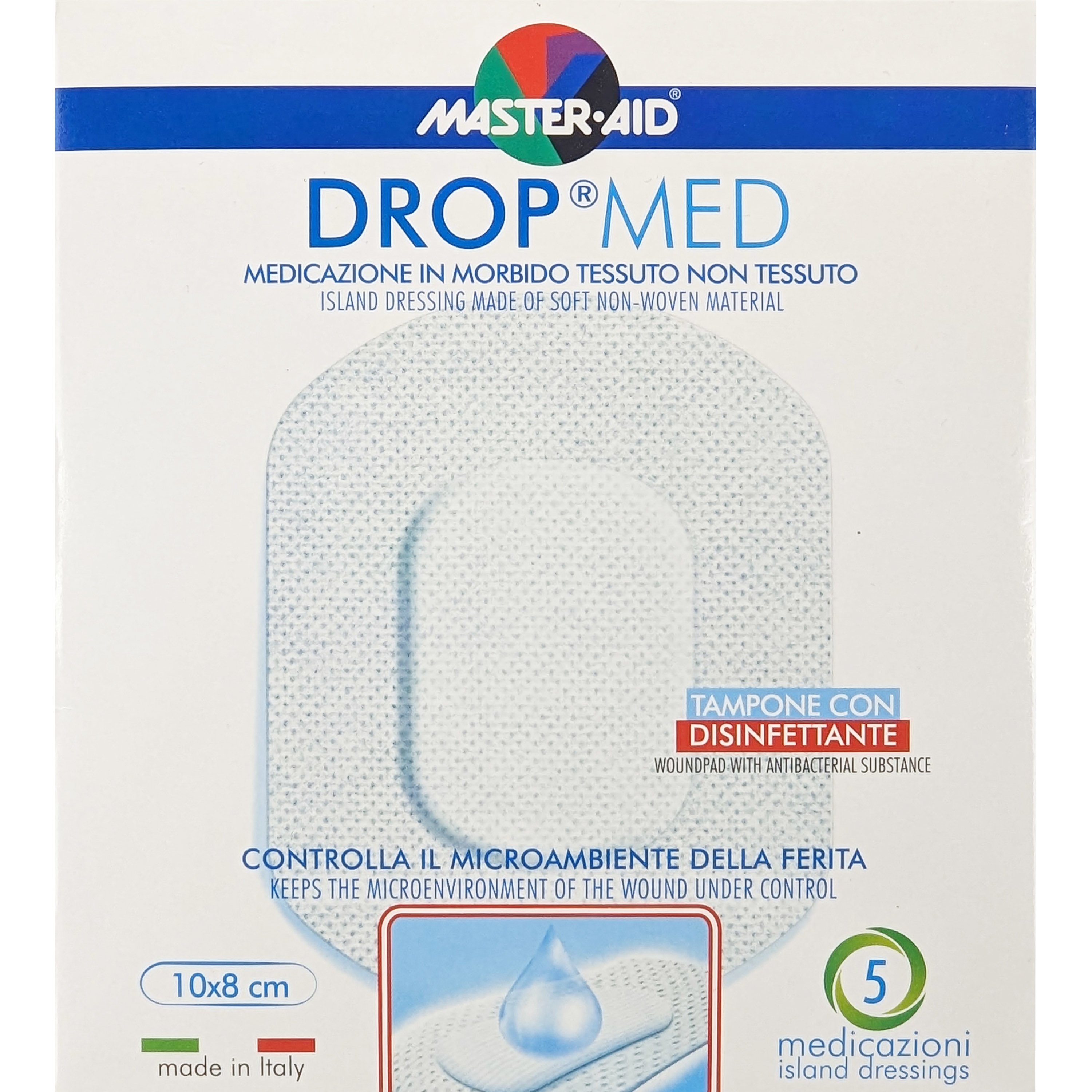 Master Aid Drop Med Woundpad with Antibacterial Substance 10x8cm Αυτοκόλλητες, Αντικολλητικές Γάζες Εμποτισμένες με Απολυμαντικό 5 Τεμάχια
