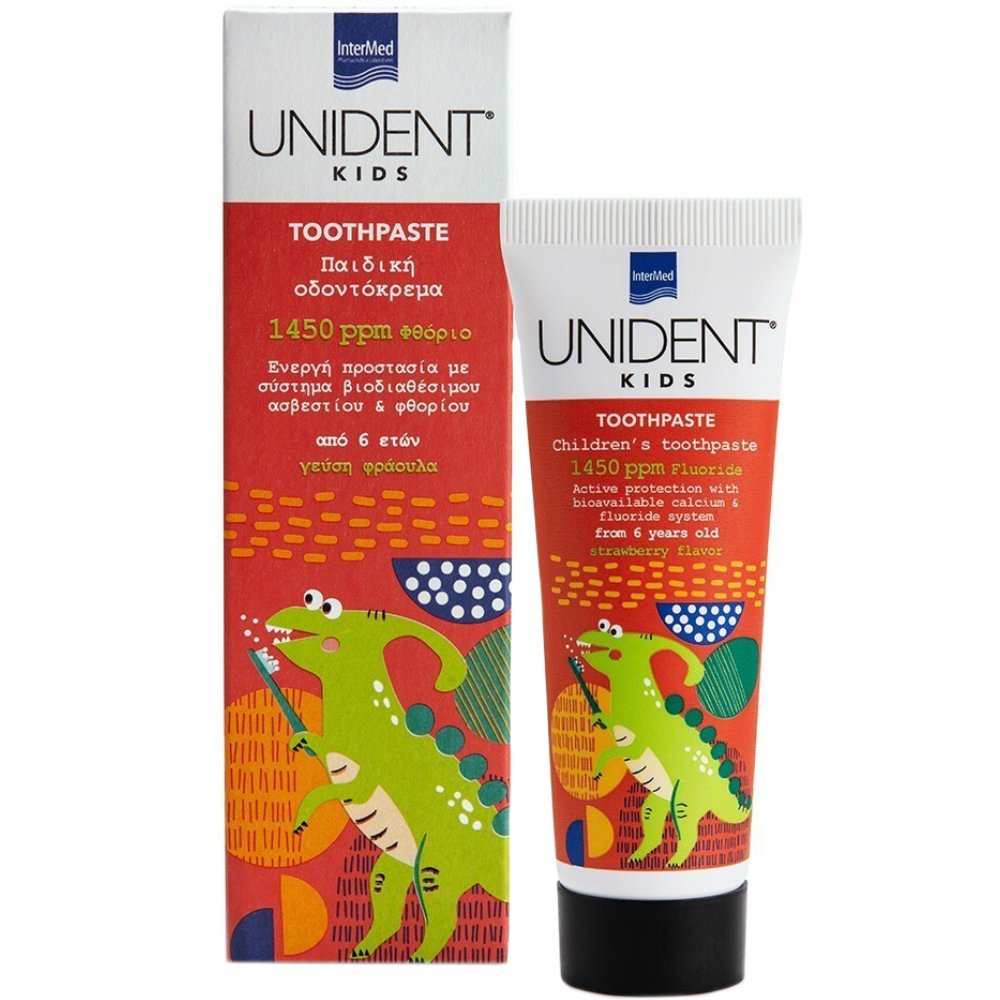 Intermed Unident Kids Strawberry Flavor 1450ppm Fluoride 6+ Years Children's Toothpaste Παιδική Οδοντόκρεμα με Ασβέστιο & Φθόριο με Γεύση Φράουλας 50ml
