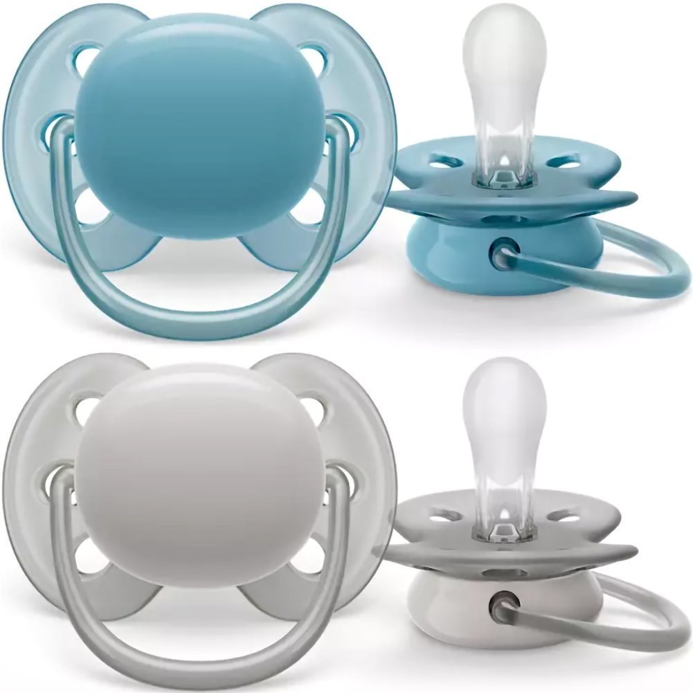 Philips Avent Ultra Soft Silicone Soother 6-18m Μπλε - Γκρι Ορθοδοντική Πιπίλα Σιλικόνης με Μαλακό & Εύκαμπτο Προστατευτικό για Λιγότερους Ερεθισμούς στο Δέρμα 2 Τεμάχια, Κωδ SCF091/34