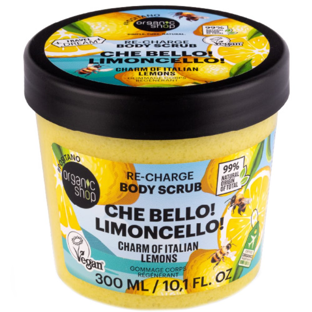 Organic Shop Re-Charge Che Bello! & Limoncello! Charm Of Italian Lemons Body Scrub Ενυδατικό Απολεπιστικό Σώματος με Έκρηξη Φυσικής Φρεσκάδας & Καλοκαιρινής Δροσιάς με Άρωμα Λεμόνι 300ml