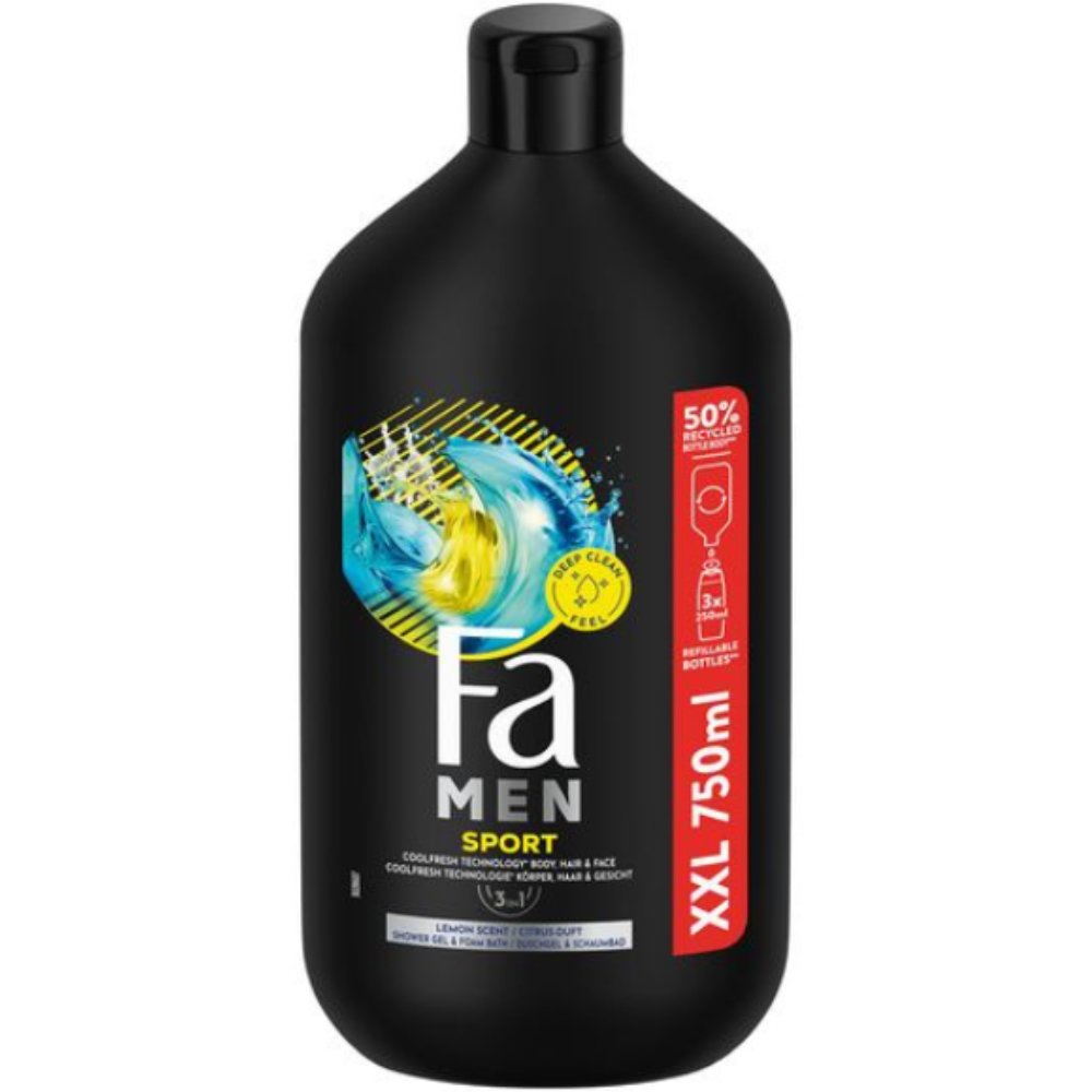 Fa Men Sport Body, Hair & Face Deep Clean Feel Shower Gel & Foam Bath Ενυδατικό, Απαλό & Αναζωογονητικό Αφρόλουτρο για Άνδρες, με Κίτρο για Έντονη Αίσθηση Φρεσκάδας 750ml