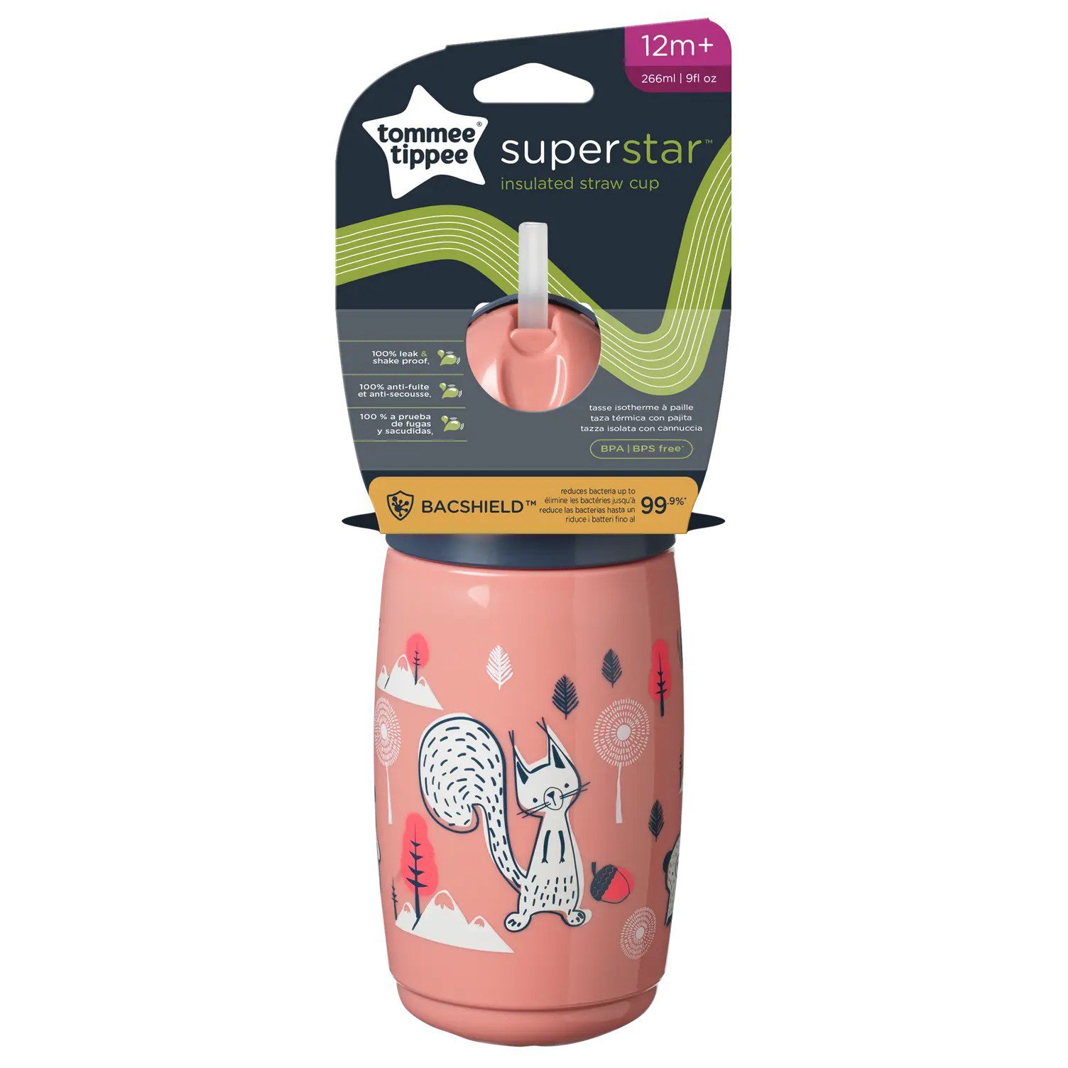 Tommee Tippee SuperStar Bacshield Insulated Straw Cup 12m+ Εκπαιδευτικό Κύπελλο Ισοθερμικό με Καλαμάκι Ροζ για Μικρά Παιδιά 266ml