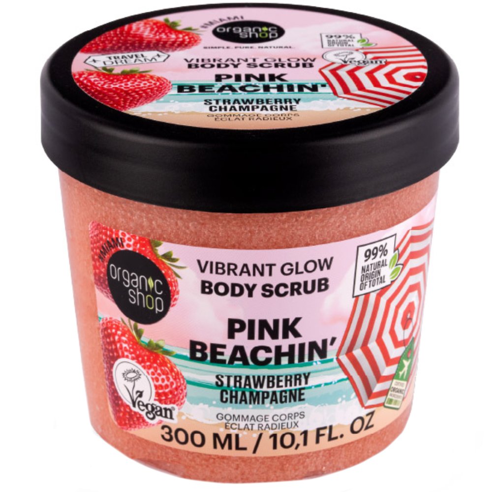 Organic Shop Vibrant Glow Pink Beachin' Fizzy Strawberry Body Scrub Ενυδατικό Απολεπιστικό Σώματος με Άρωμα Φράουλα για Φυσική Φωτεινότητα & Φρεσκάδα 300ml
