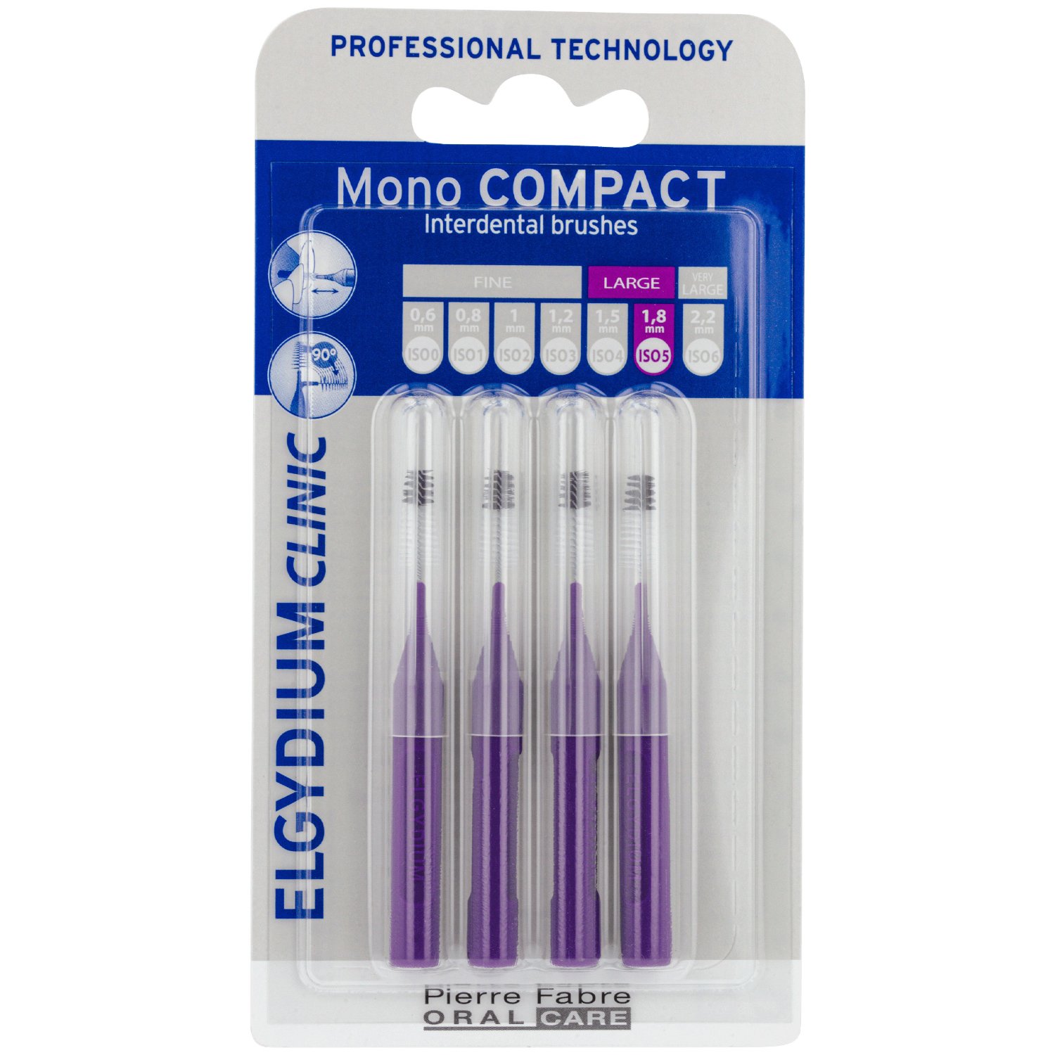 Pierre Fabre Oral Care Elgydium Clinic Mono Compact Large 1.8mm ISO 5 Interdental Brushes Μεσοδόντια Βουρτσάκια Ειδικά Σχεδιασμένα για Αποτελεσματικό Καθαρισμό Κατά της Πλάκας, Εισχωρούν Ανάμεσα στα Δόντια Χωρίς να τα Πληγώνουν 4 Τεμάχια