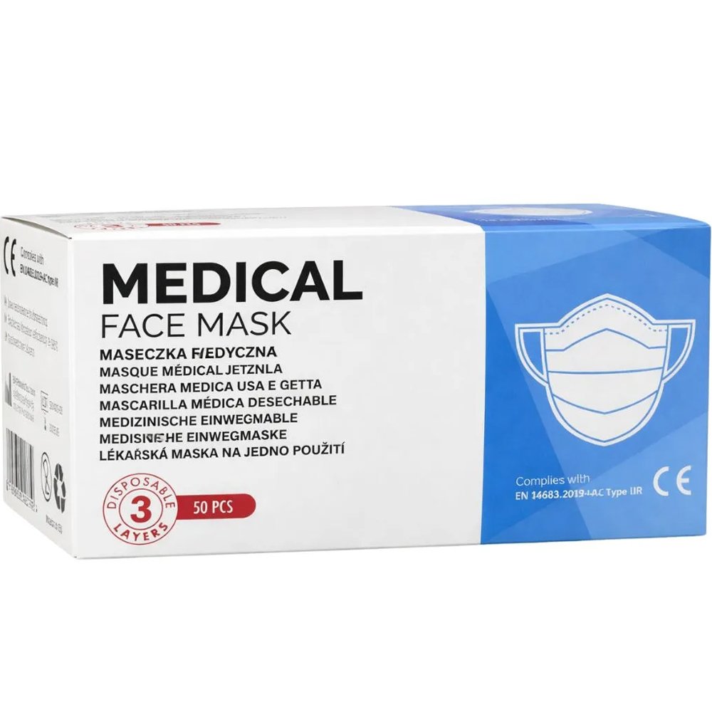 Medical 3 Disposable Layers Face Mask Χειρουργικές Μάσκες Προστασίας μιας Χρήσης 3 Επιπέδων με Επιρρίνιο Έλασμα για Άνετη Εφαρμογή 50 Τεμάχια