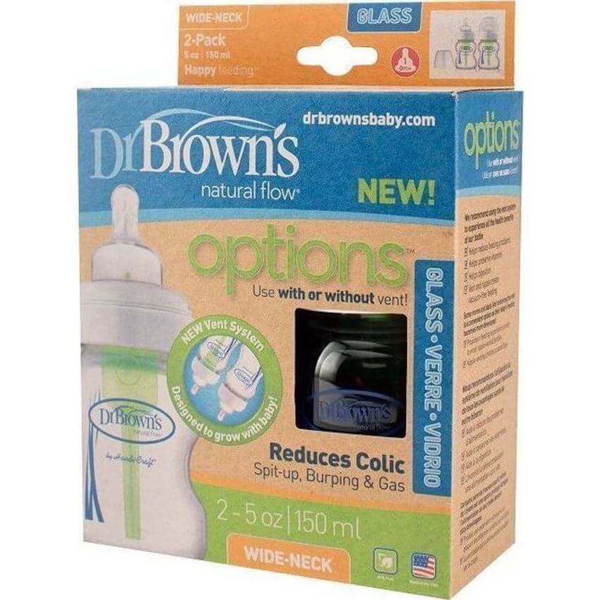 Dr. Browns Natural Flow Options Γυάλινα Μπιμπερό με Φαρδύ Λαιμό & Θηλή Σιλικόνης 0m+ 2Τμχ 150ML 16/WB 5200