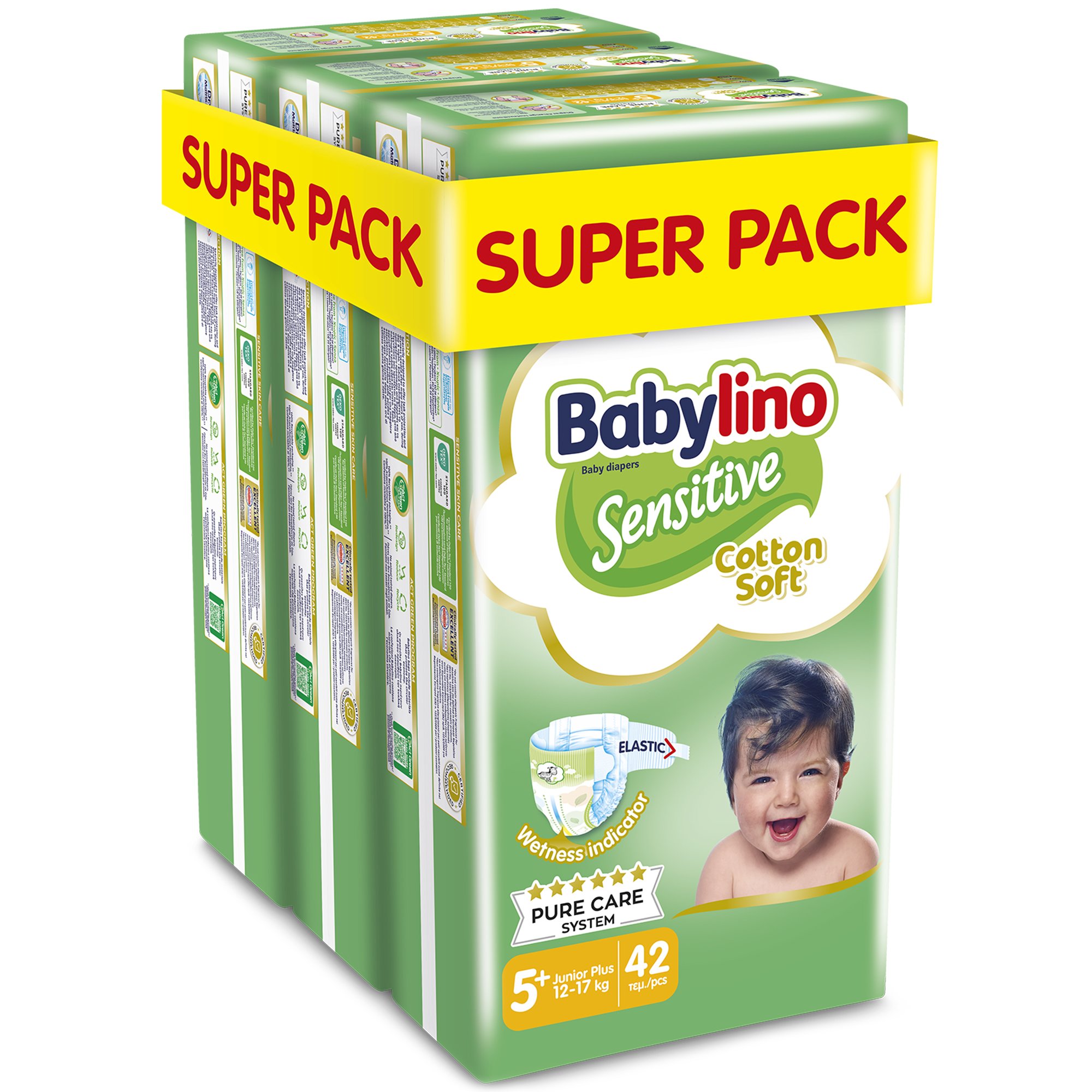 Σετ Babylino Sensitive Cotton Soft Junior Plus Νο5+ (12-17kg) 126 Τεμάχια (3x42 Τεμάχια)