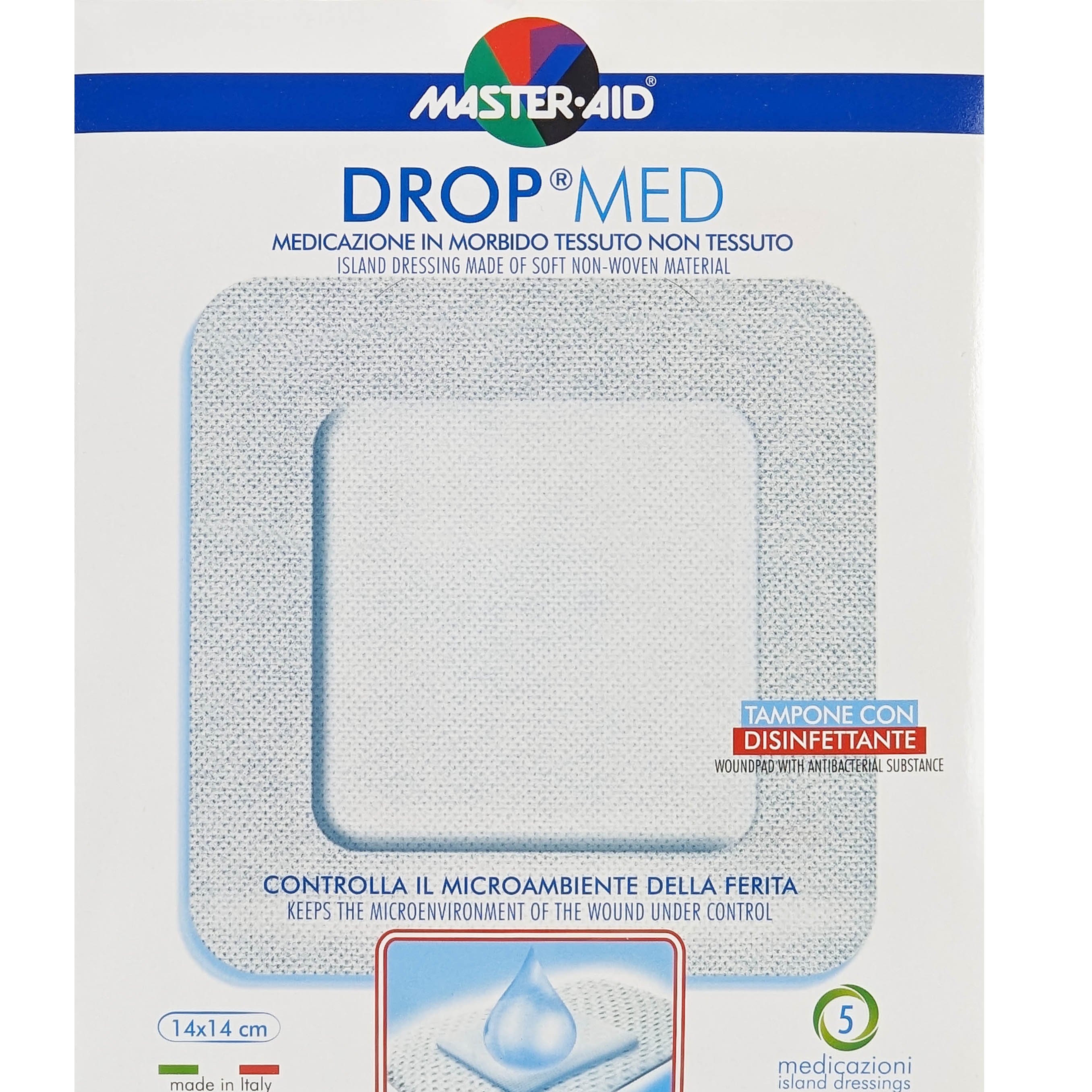 Master Aid Drop Med Woundpad with Antibacterial Substance 14x14cm Αυτοκόλλητες, Αντικολλητικές Γάζες Εμποτισμένες με Απολυμαντικό 5 Τεμάχια