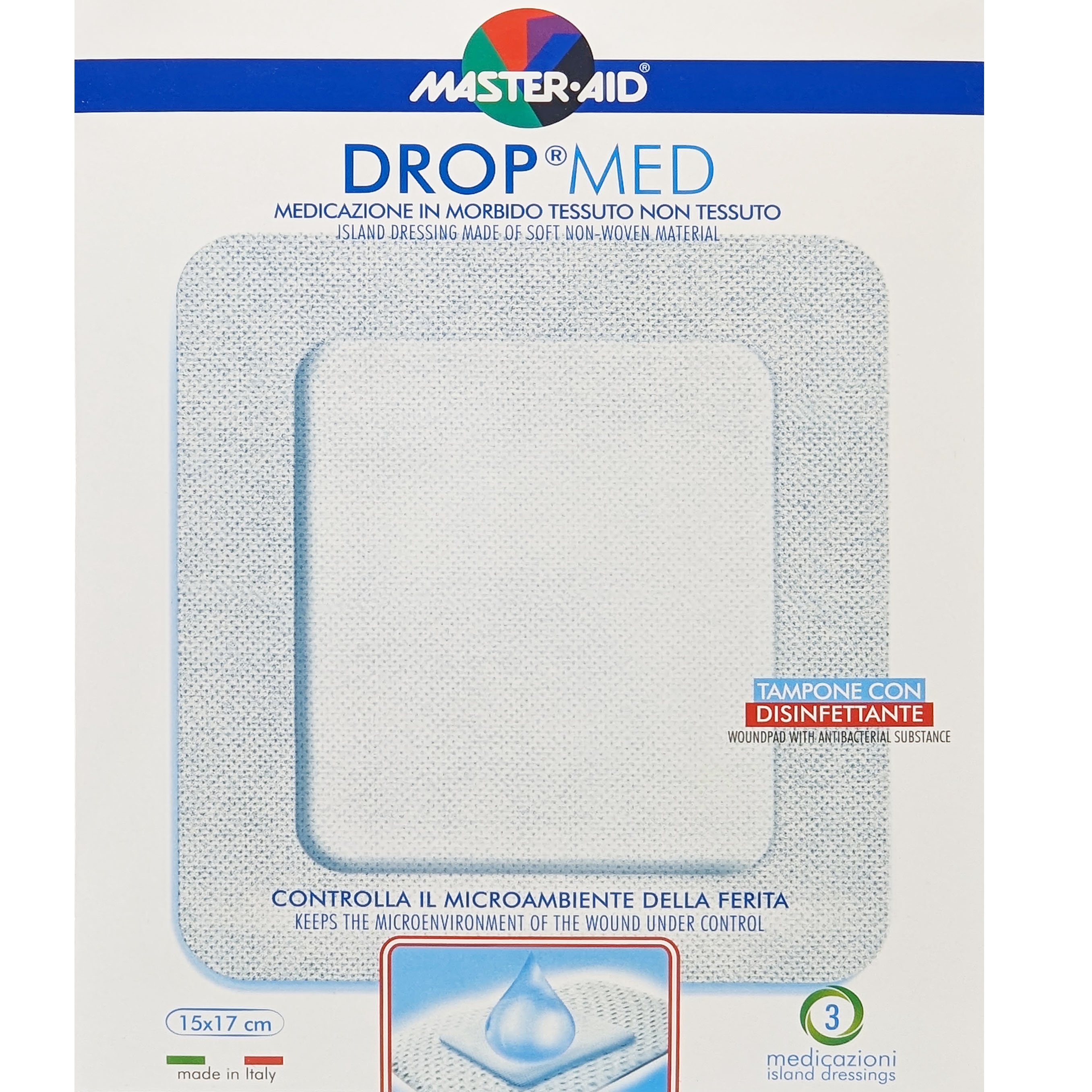 Master Aid Drop Med Woundpad with Antibacterial Substance 15x17cm Αυτοκόλλητες, Αντικολλητικές Γάζες Εμποτισμένες με Απολυμαντικό 3 Τεμάχια