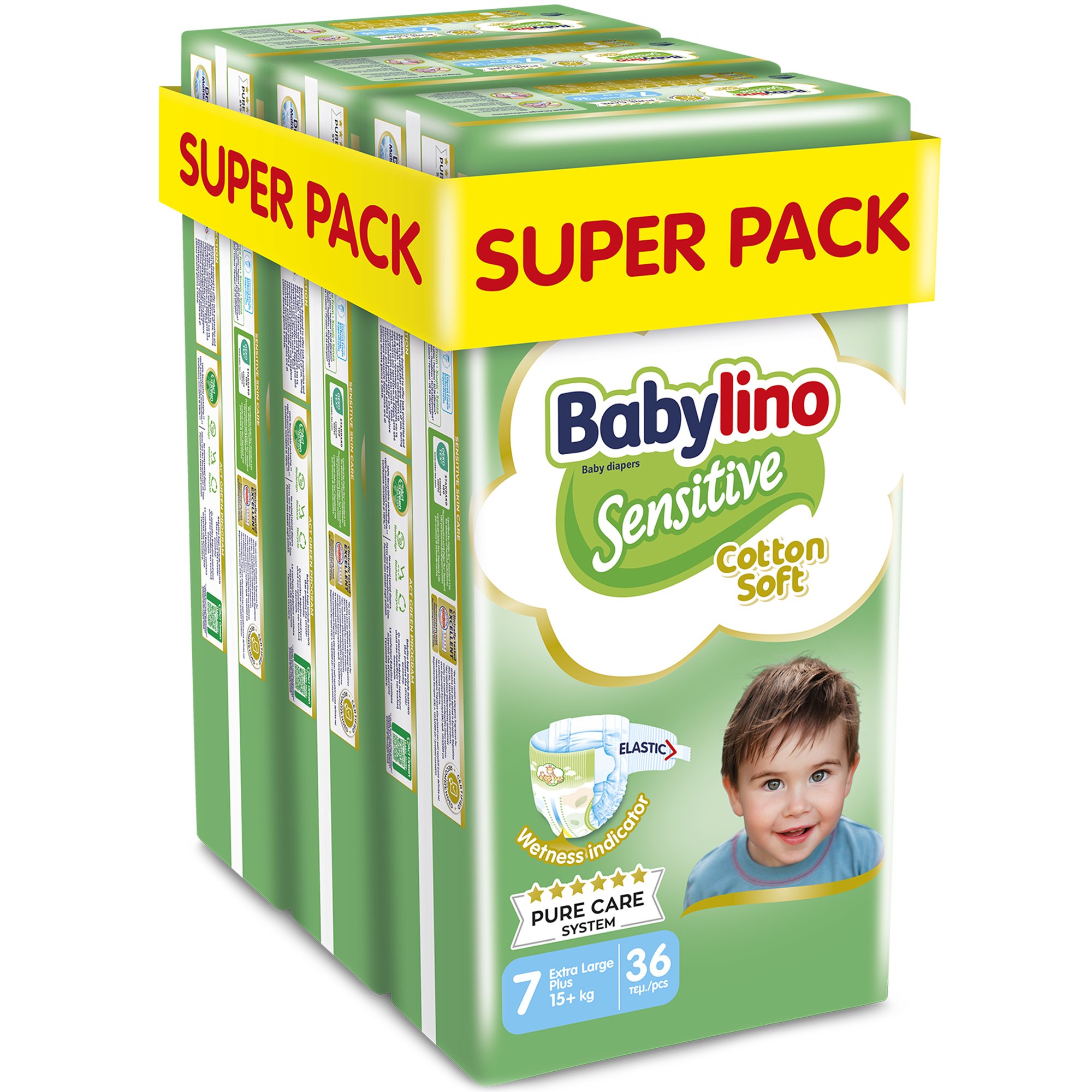 Σετ Babylino Sensitive Cotton Soft Extra Large Plus Νο7 (15+ kg) 108 Τεμάχια (3x36 Τεμάχια)