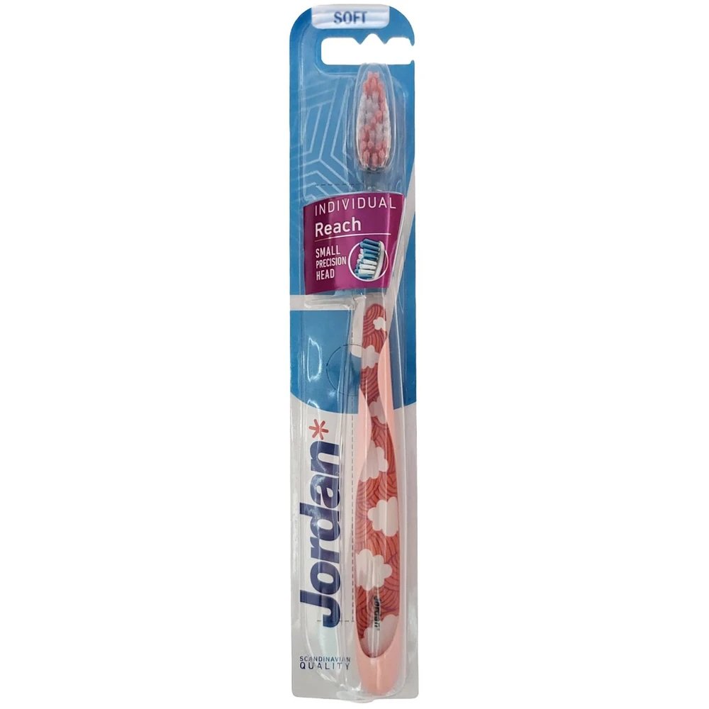 Jordan Individual Reach Small Precision Head Soft Toothbrush Μαλακή Οδοντόβουρτσα με Εργονομική Λαβή για Βαθύ Καθαρισμό 1 Τεμάχιο - Πορτοκαλί / Λευκό