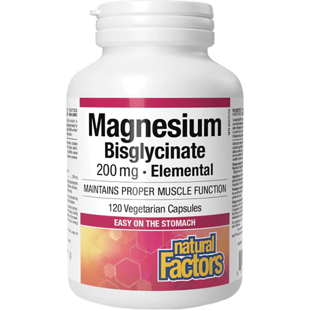 Natural Factors Natural Factors Magnesium Bisglycinate 200mg Συμπλήρωμα Διατροφής Μαγνησίου Δισγλυκινικής Μορφής Υψηλής Απορρόφησης Ήπιο στο Στομάχι που Καταπραΰνει το Νευρικό Σύστημα, Βοηθάει στην Ψυχολογία & στην Καλή Υγεία των Οστών & Μυών 120caps