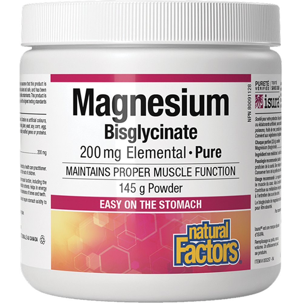 Natural Factors Natural Factors Magnesium Bisglycinate 200mg Συμπλήρωμα Διατροφής Μαγνησίου Δισγλυκινικής Μορφής Υψηλής Βιοδιαθεσιμότητας Ήπιο στο Στομάχι που Καταπραΰνει το Νευρικό Σύστημα, Βοηθάει στην Ψυχολογία & στην Καλή Υγεία των Οστών & Μυών σε Σκόνη 145g