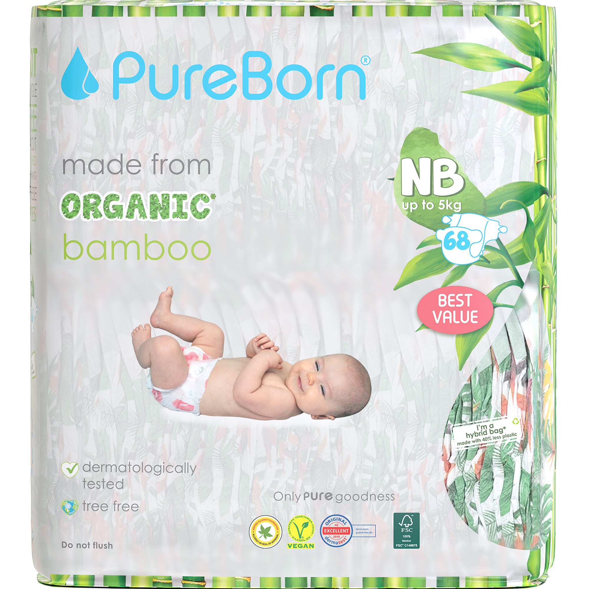 PureBorn Organic Bamboo Unisex Nappies New Born (up to 5 kg) Βρεφικές Πάνες από Βιολογικές Ίνες Μπαμπού με Ενισχυμένο Απορροφητικό Πυρήνα & Δείκτη Υγρασίας με Σχέδιο Τροπικά Φυτά 68 Τεμάχια - Tropic