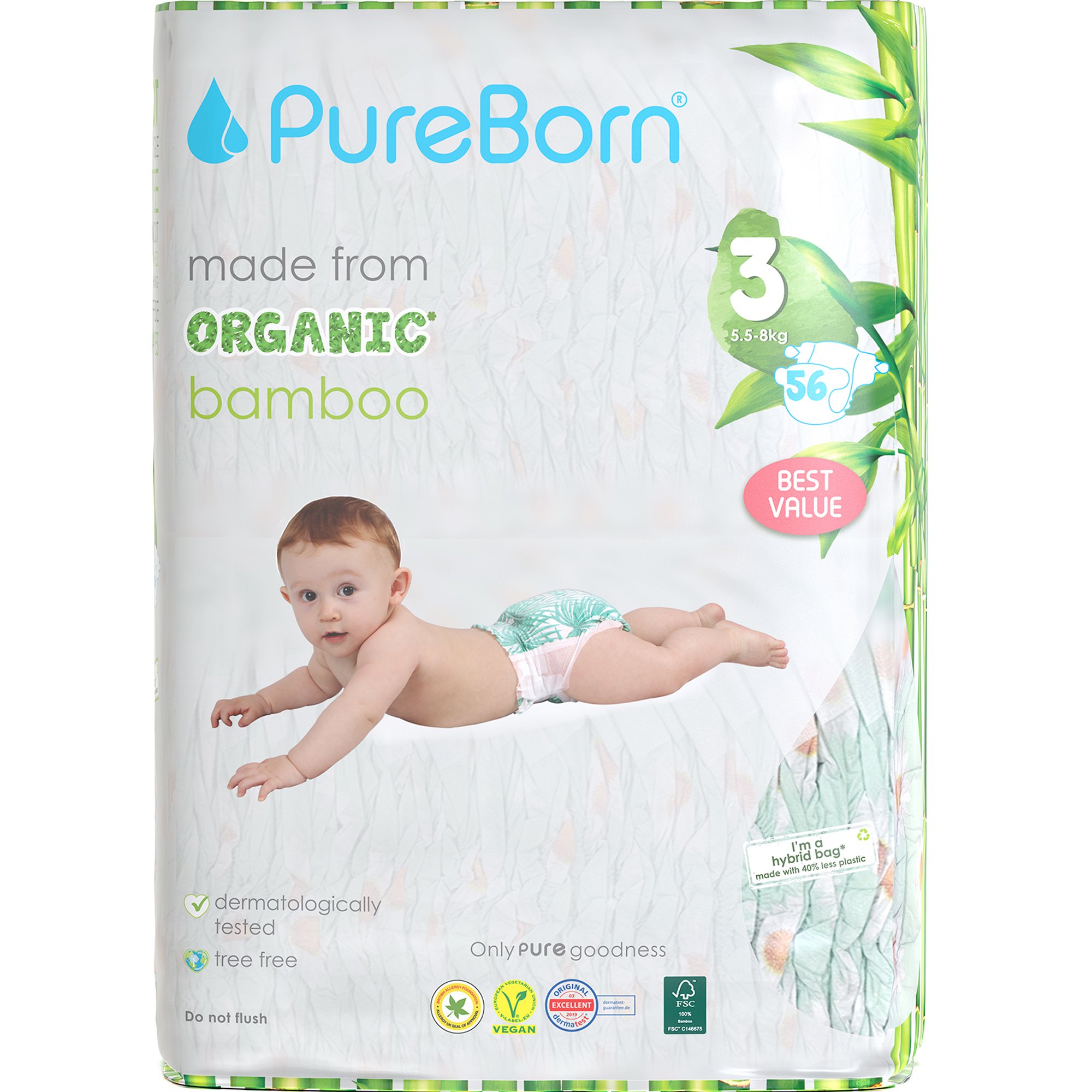 PureBorn Organic Bamboo Unisex Nappies No3 (5,5-8kg) Βρεφικές Πάνες από Βιολογικές Ίνες Μπαμπού με Ενισχυμένο Απορροφητικό Πυρήνα & Δείκτη Υγρασίας με Σχέδιο Μαργαρίτα 56 Τεμάχια - Daises