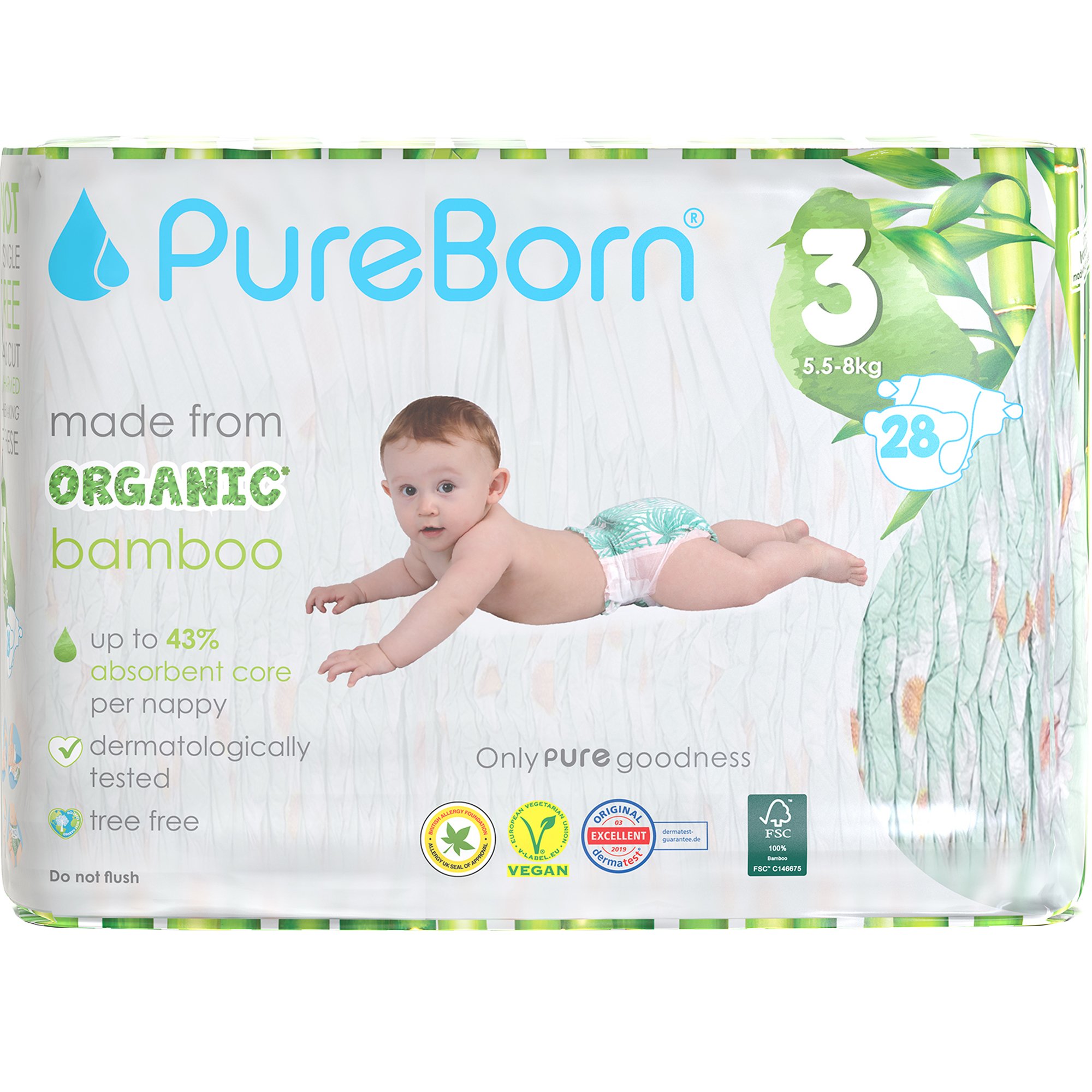 PureBorn Organic Bamboo Unisex Nappies No3 (5,5-8kg) Βρεφικές Πάνες από Βιολογικές Ίνες Μπαμπού με Ενισχυμένο Απορροφητικό Πυρήνα & Δείκτη Υγρασίας με Σχέδιο Μαργαρίτα 28 Τεμάχια - Daises