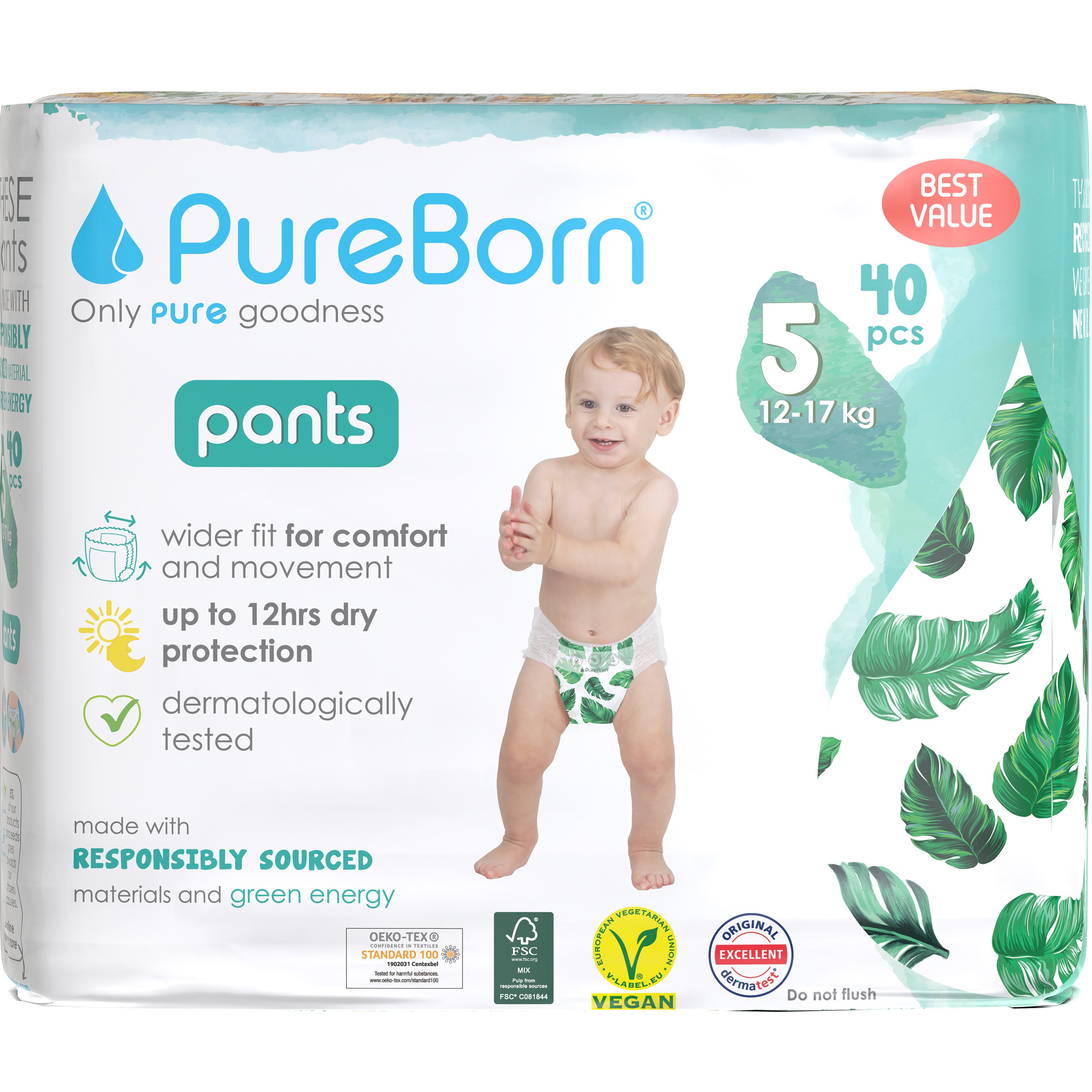 PureBorn Training Unisex Pants No5 (12-17kg) Πάνες Βρακάκι Ημέρας Υψηλής Απορροφητικότητας για Άνεση & Ευελιξία με Σχέδιο Φύλλων 40 Τεμάχια - Leaves