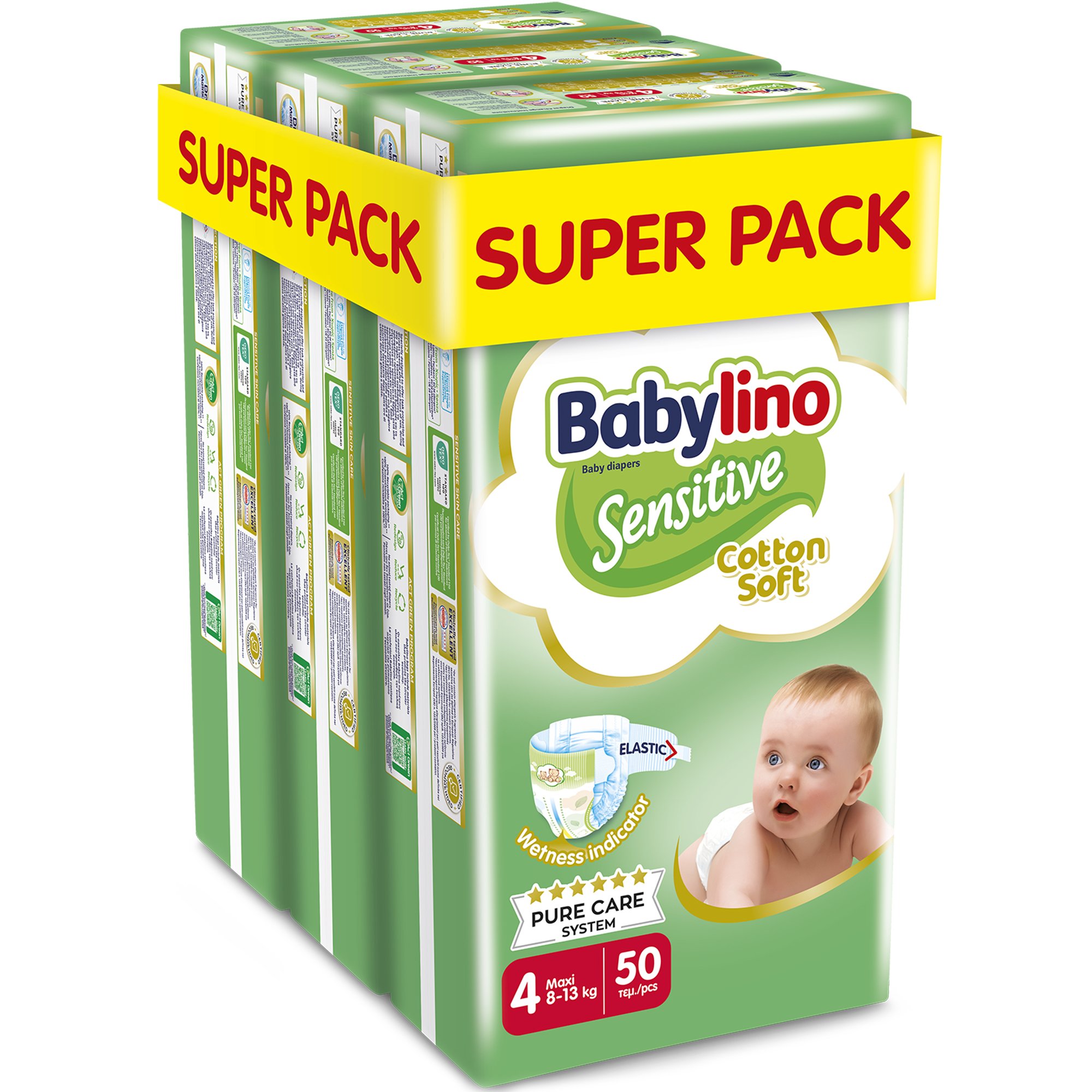 Σετ Babylino Sensitive Cotton Soft Maxi Νο4 (8-13kg) 150 Τεμάχια (3x50 Τεμάχια)