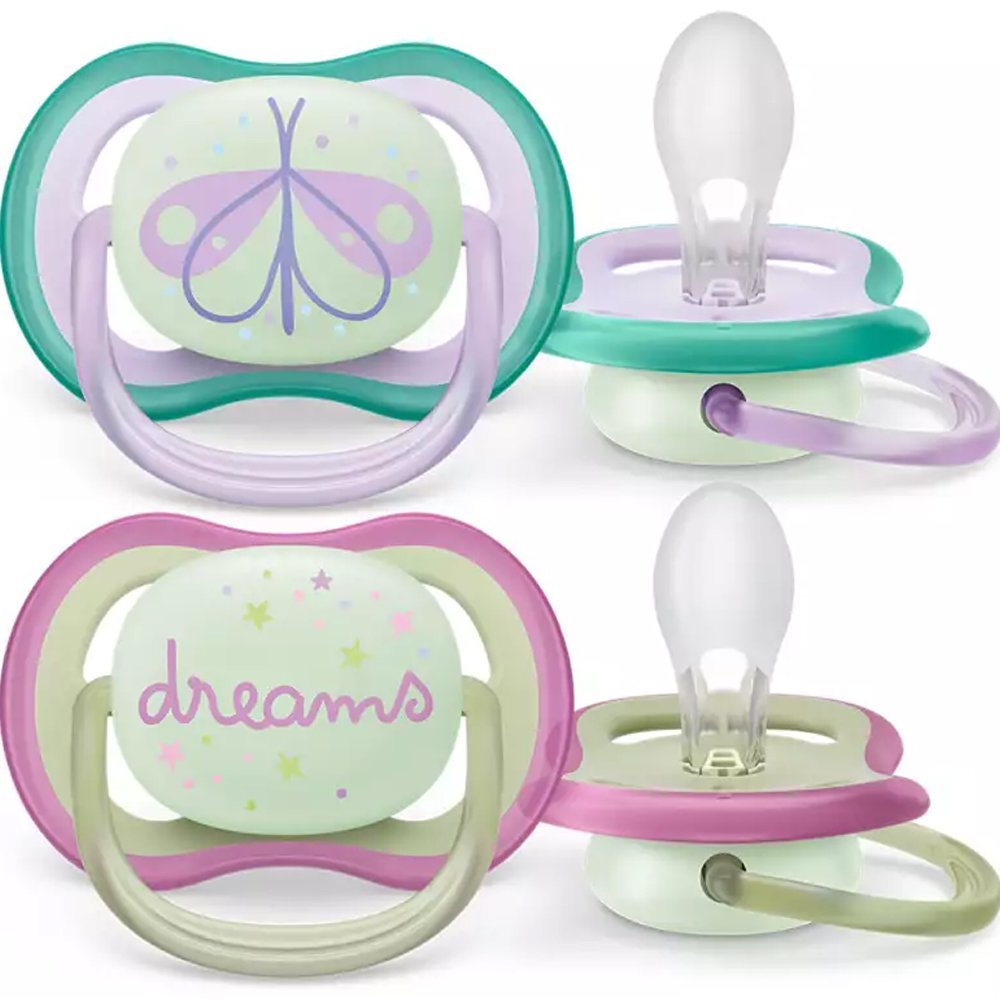 Philips Avent Ultra Air Nighttime Silicone Soother 0-6m Λιλά – Ανοιχτό Πράσινο Ορθοδοντική Πιπίλα Σιλικόνης που Λάμπει στο Σκοτάδι 2 Τεμάχια, Κωδ SCF376/17