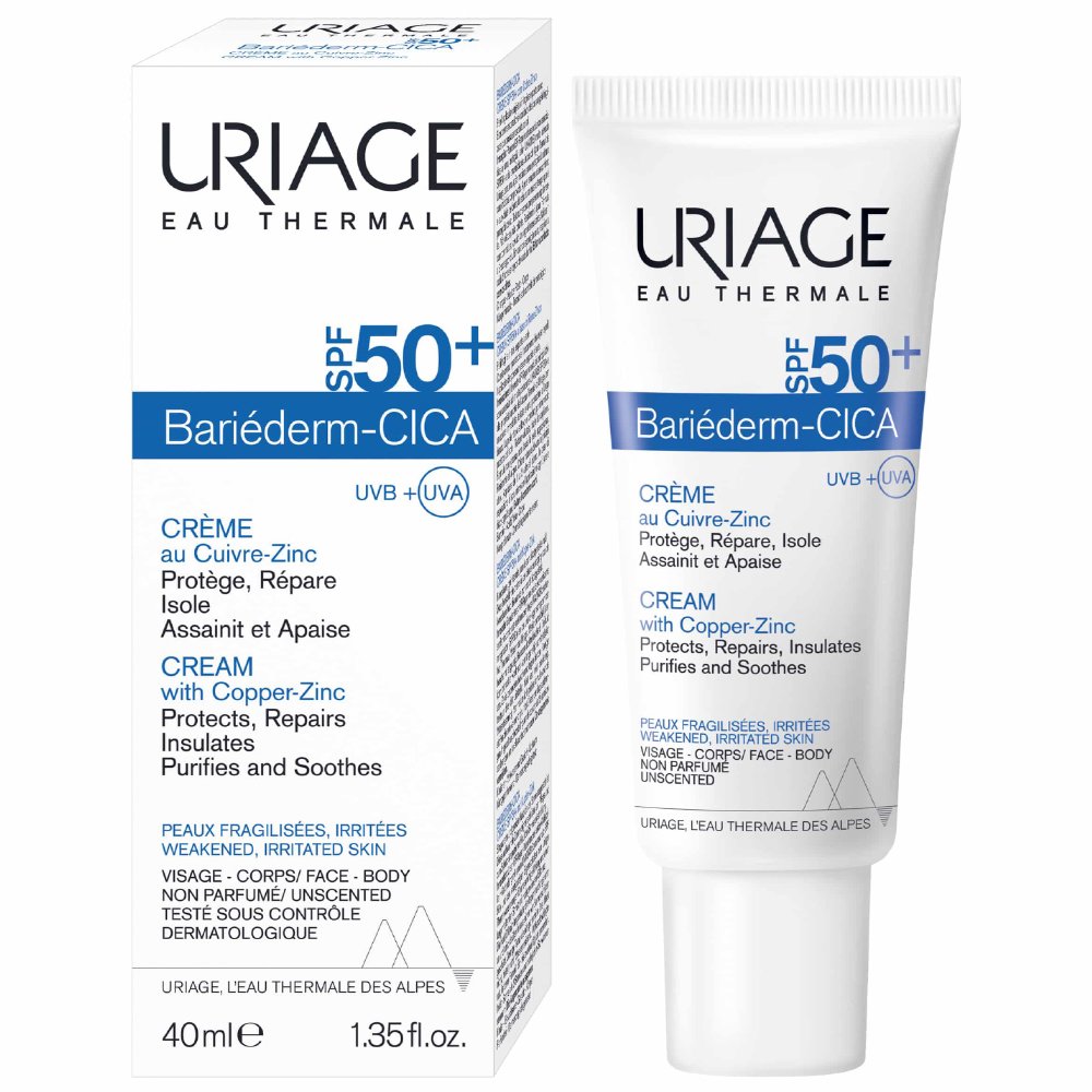 Uriage Bariederm-Cica With Cu-Zn Cream Spf50+, Προστατευτική Αναπλαστική Κρέμα Πολύ Υψηλής Προστασίας Ιδανική για το Εύθραυστο Δέρμα 40ml