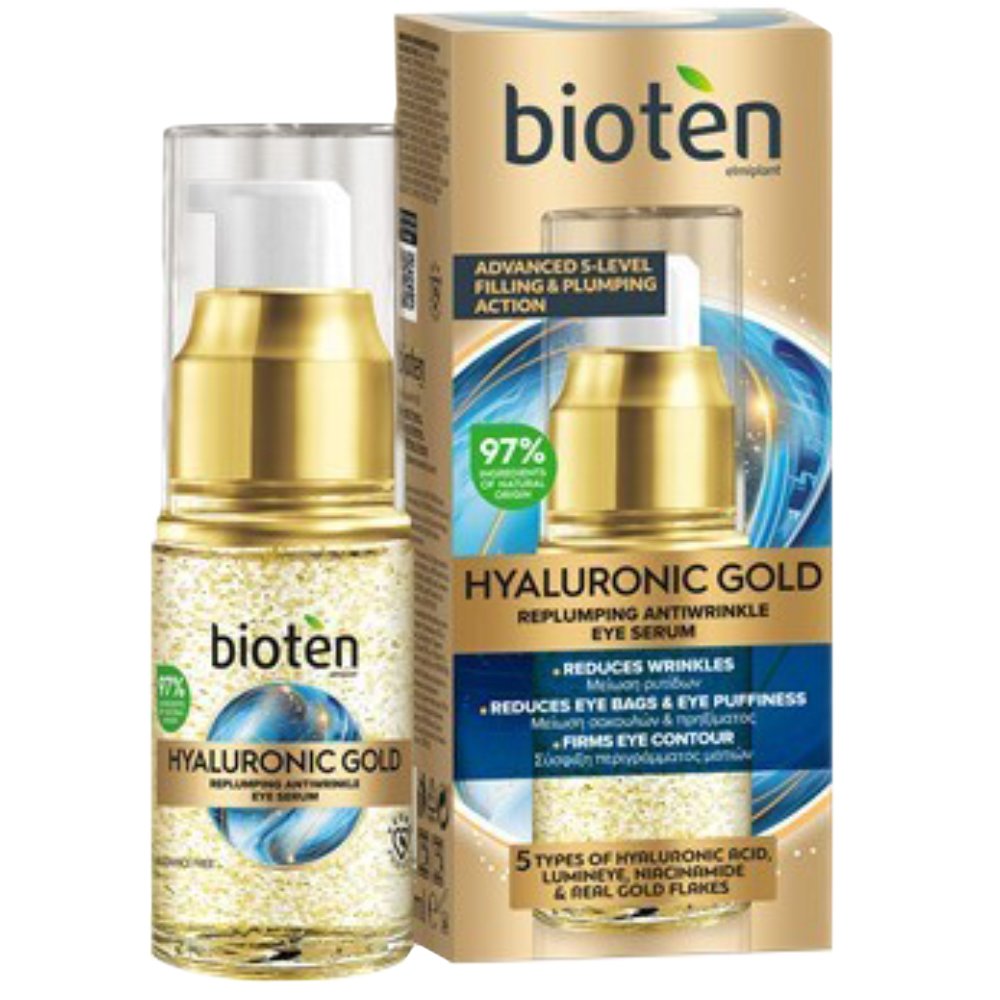 Bioten Hyaluronic Gold Replumpimg Antiwrinkle Eye Serum Αντιγηραντικός Ορός Ματιών για Μείωση Ρυτίδων, Μείωση Σακουλών & Πρηξίμητος & Σύσφιξη Περιγράμματος Ματιών 15ml