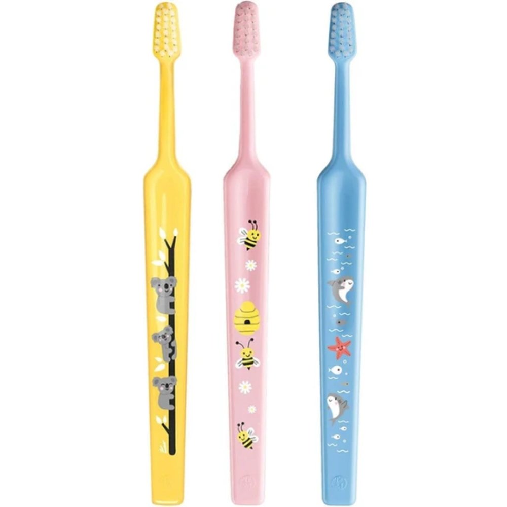 TePe Mini Extra Soft 0-6 Years Toothbrush Παιδική Οδοντόβουρτσα με Κωνική Κεφαλή & Πολύ Μαλακές Αποστρογγυλεμένες Ίνες 3 Τεμάχια - Κίτρινο/ Ρόζ/ Γαλάζιο