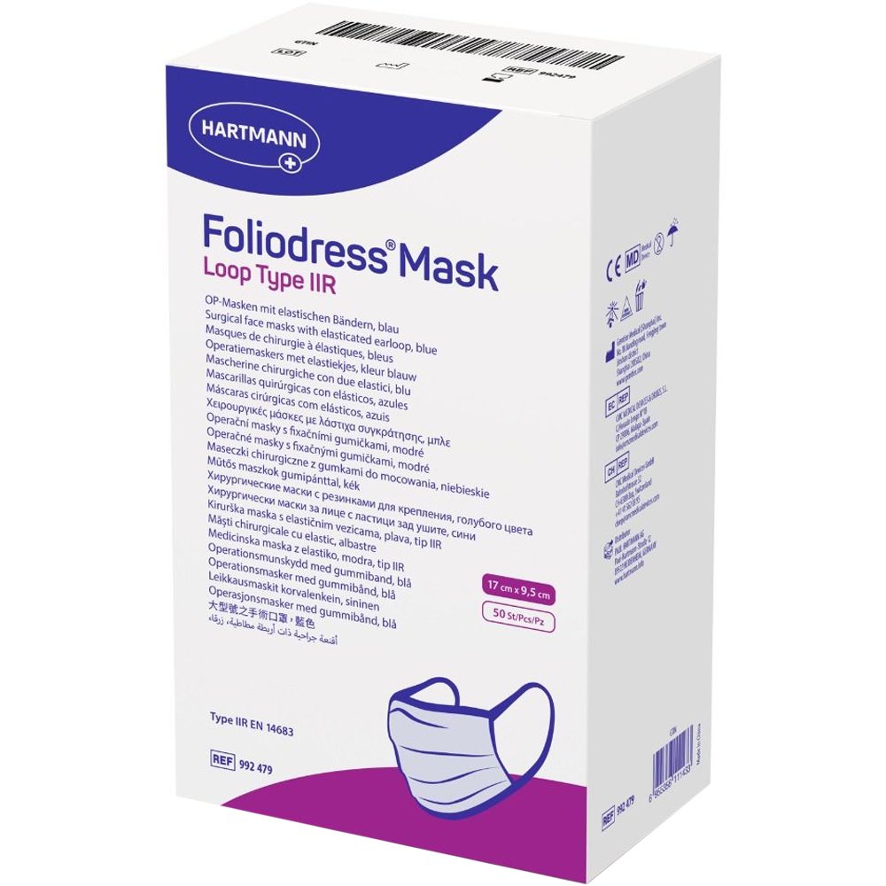 HARTMANN Hartmann Foliodress Loop Type IIR Face Mask Χειρουργική Μάσκα Προστασίας 3 Στρωμάτων με Λάστιχο Συγκράτησης σε Μπλε Χρώμα 50 Τεμάχια (5x10 Τεμάχια)