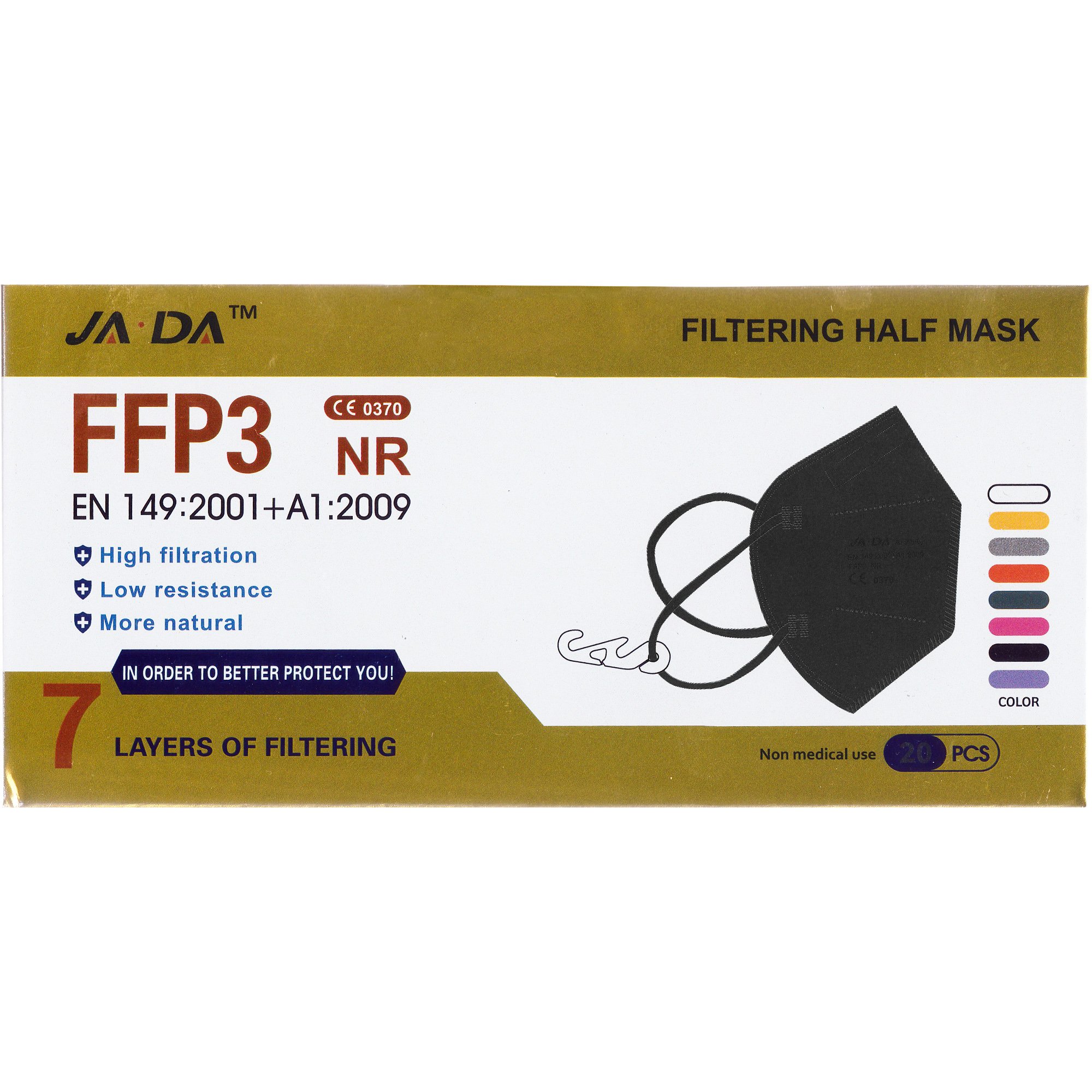 Jada Jada Non Medical 7ply Mask FFP3 NR Μάσκα Προστασίας 7 Επιπέδων με Μεταλλικό Έλασμα μιας Χρήσης 20 Τεμάχια - Μαύρο