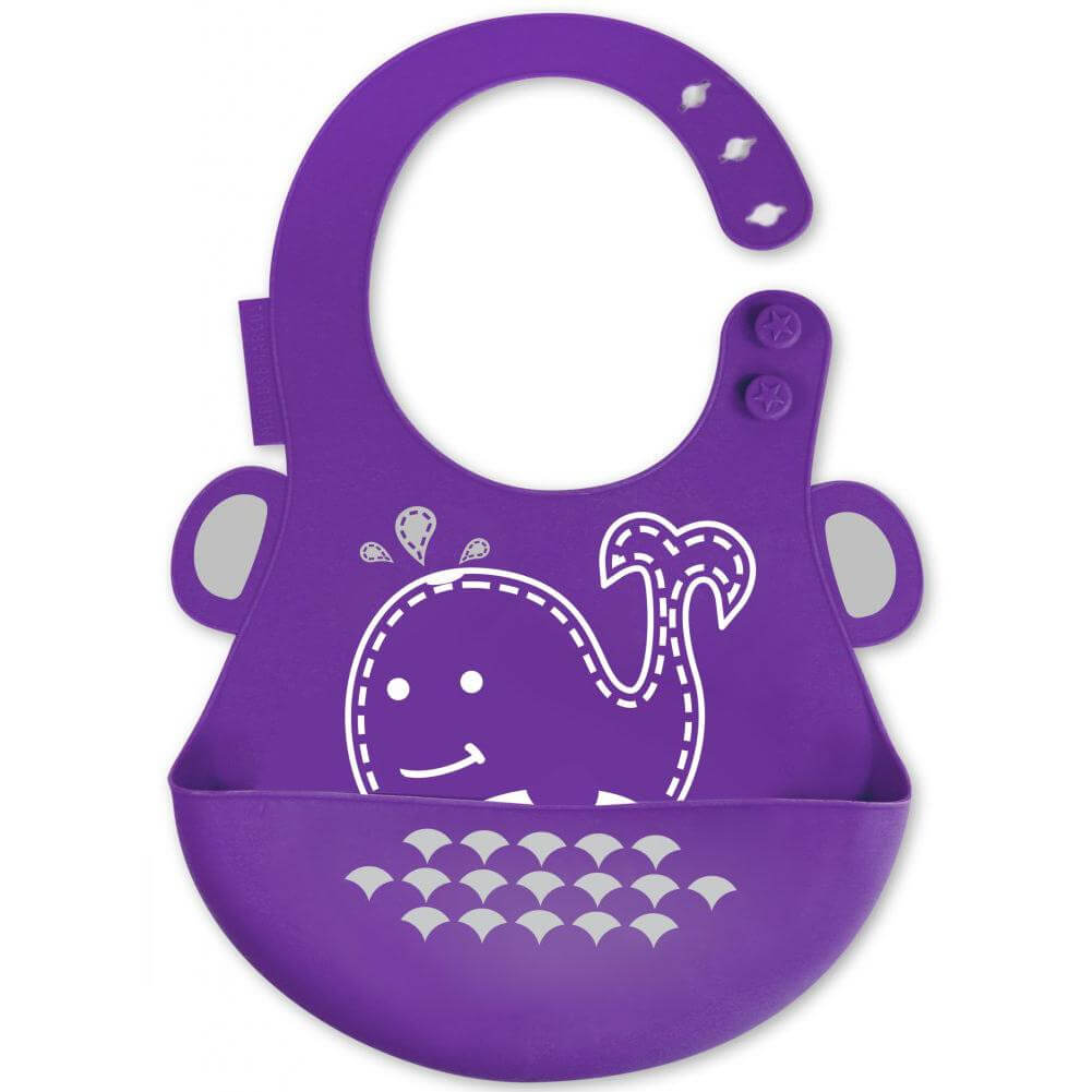 Marcus & Marcus Baby Bib Whale Silicone Σαλιάρα Σιλικόνης FDA με Χούφτα, με Ρυθμιζόμενο Ύψος, Φάλαινα Χρώμα Μωβ