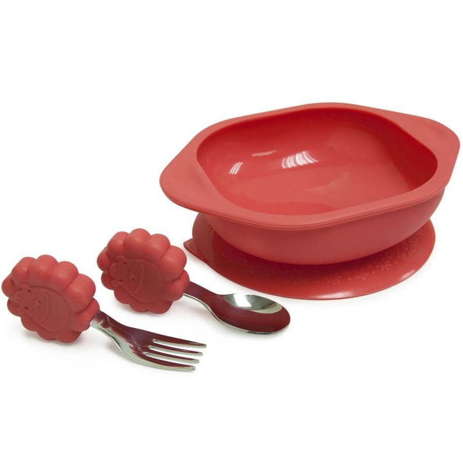 Marcus & Marcus Toddler Mealtime Set Σετ Φαγητού Λιοντάρι, με Μπολ, Κουτάλι & Πιρούνι σε Κόκκινο Χρώμα