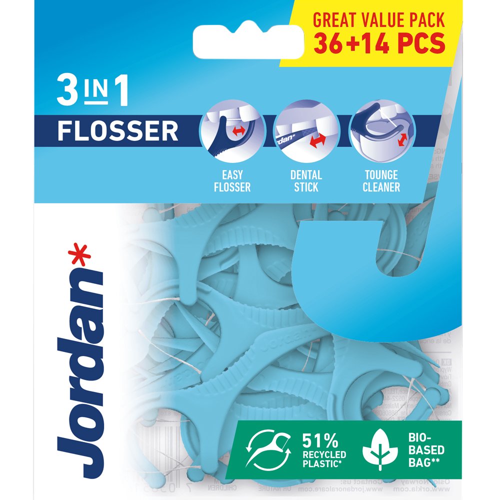 Jordan Jordan Promo 3 in 1 Flosser Οδοντικό Νήμα με Λαβή για Καθαρισμό Ανάμεσα στα Δόντια & Καθαριστή Γλώσσας σε Γαλάζιο Χρώμα 50 Τεμάχια