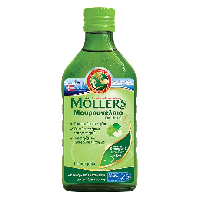 Moller’s Μουρουνέλαιο Μήλο 250ml,Πόσιμο Μουρουνέλαιο Πλούσιο σε Ωμέγα-3 με Βιταμίνες A,D & E με Γεύση Μήλο