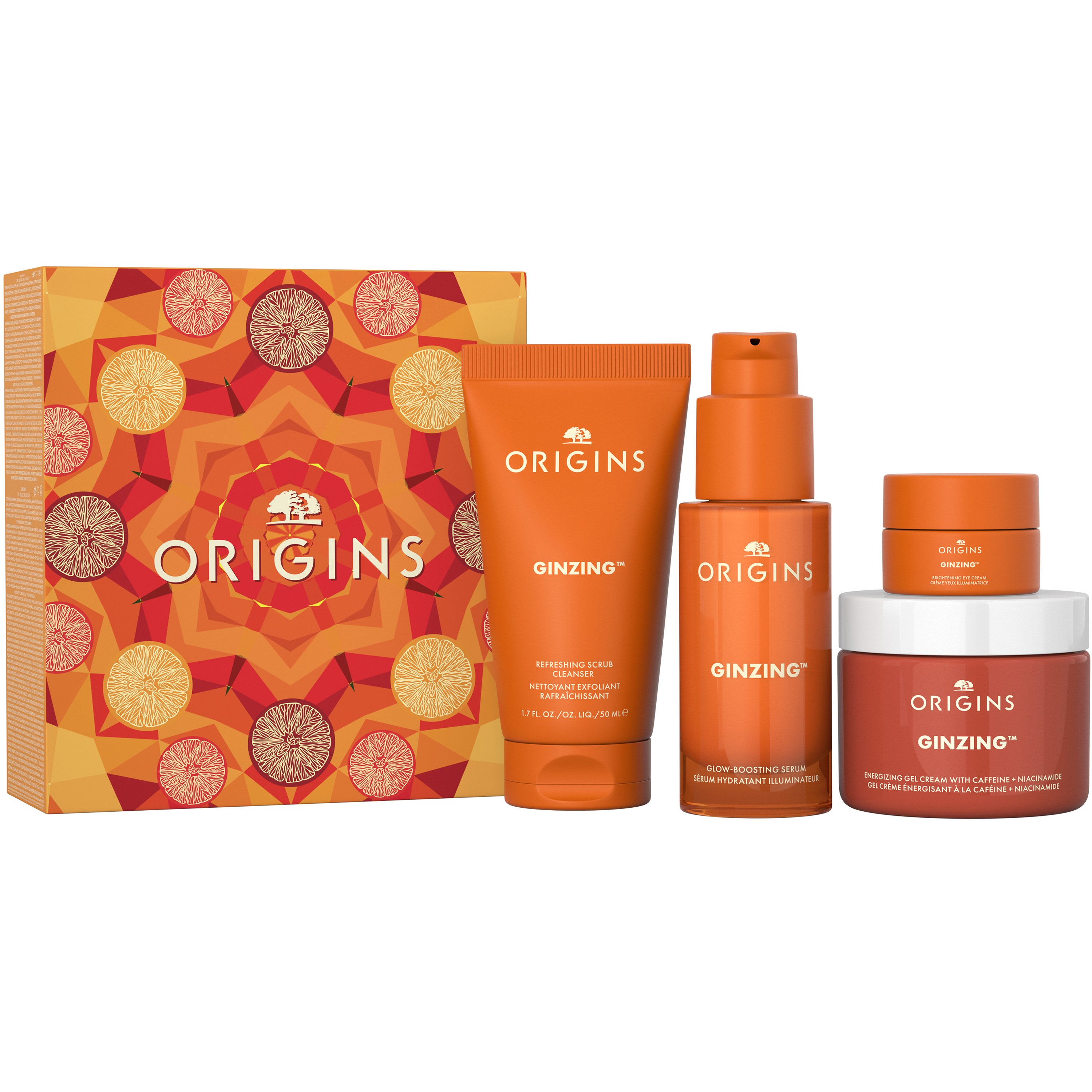 Origins Origins Promo Ginzing Refreshing Scrub Cleaner 50ml & Glow-Boosting Serum 30ml & Energizing Gel Cream With Caffeine & Niacinamide 50ml & Brightening Eye Cream 5ml
