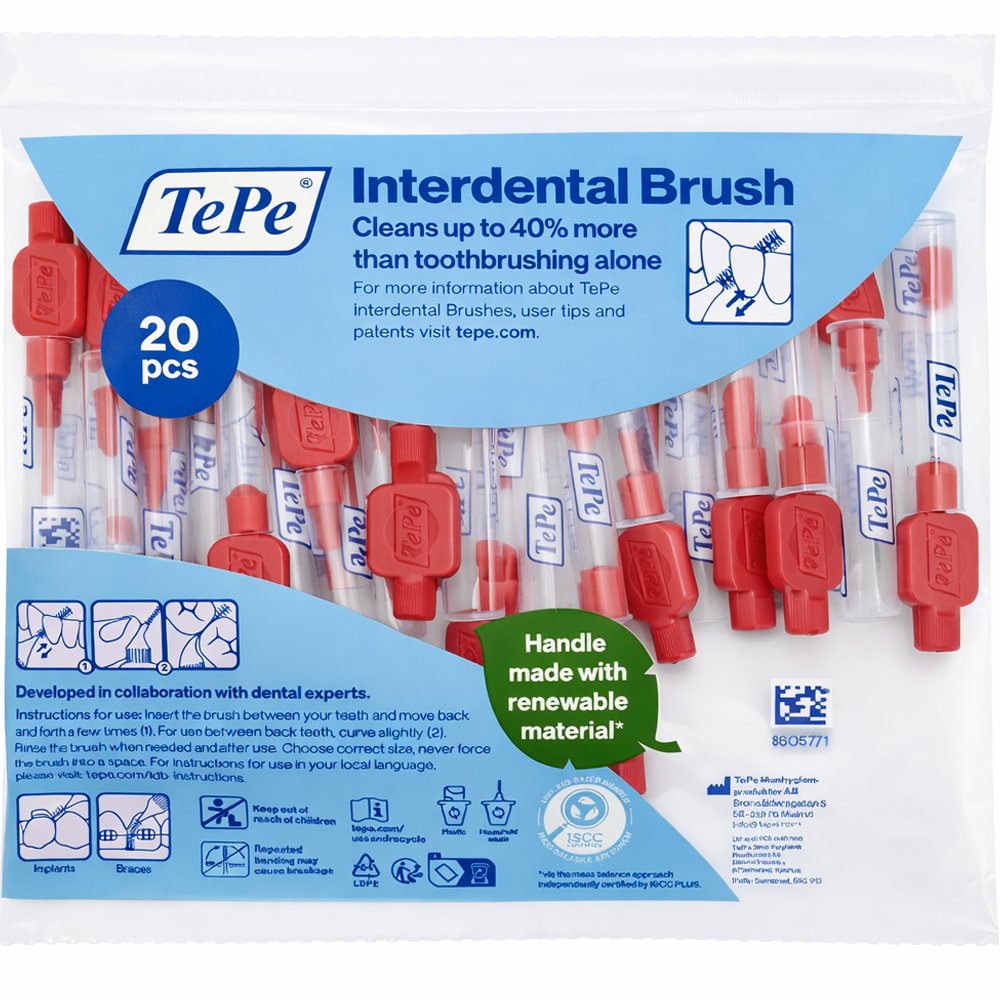 TePe Interdental Brush Μεσοδόντια Βουρτσάκια Καθαρισμού Ιδανικά για Άτομα με Εμφυτεύματα ή Σιδεράκια 20 Τεμάχια ISO Size 2 (0.50mm) Κόκκινο