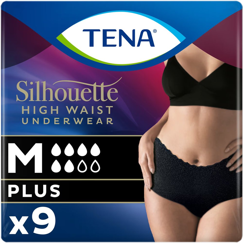 Tena Silhouette Plus Black Underwear Ψηλόμεσο Εσώρουχο για Μέτρια Έως Βαριά Ακράτεια σε Μαύρο Χρώμα, 9 Τεμάχια - Medium