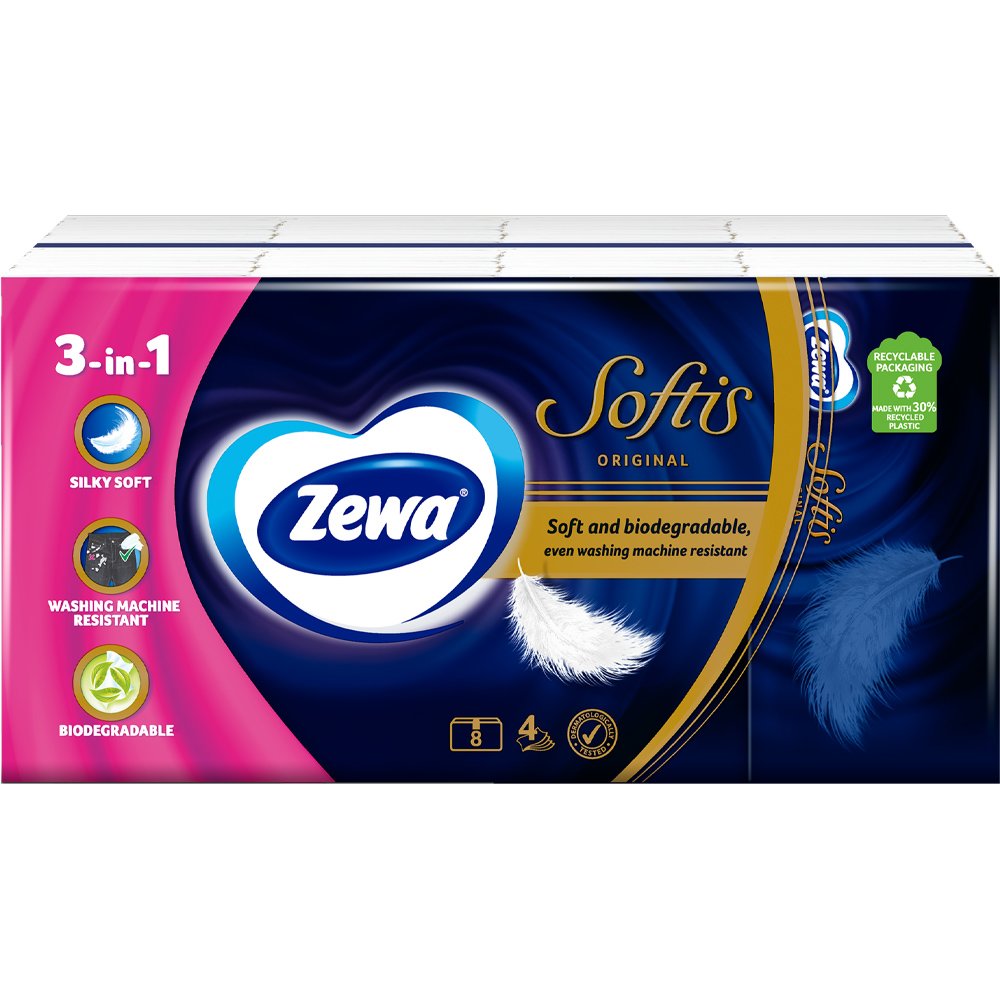 Zewa Zewa Softis Original Paper Tissues Απαλά & Ανθεκτικά Χαρτομάντιλα 4 Στρώσεων 72 Τεμάχια (8x9 Τεμάχια)