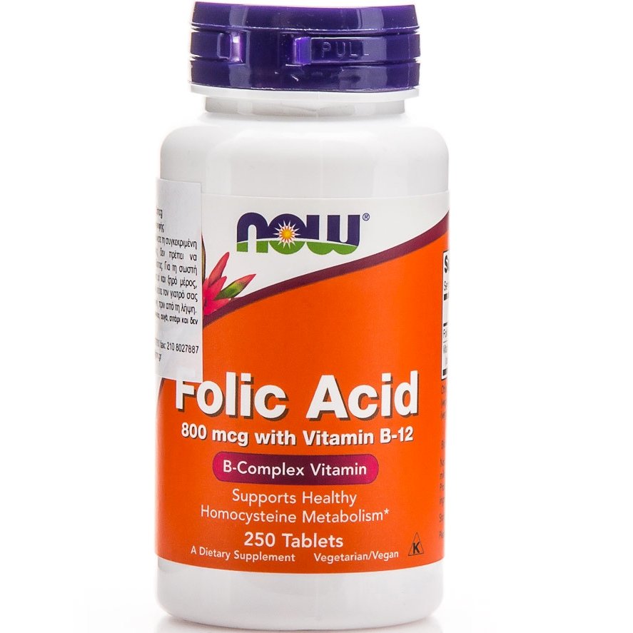 Now Now Foods Folic Acid 800mcg With Vitamin B-12 25mcg Διευκολύνει Σημαντικά την Παραγωγή Κυτταρικής Ενέργειας 250tabs