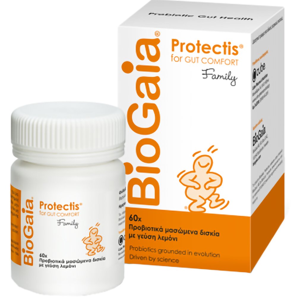 BioGaia Protectis for Gut Comfort Family Συμπλήρωμα Διατροφής Προβιοτικών για την Αντιμετώπιση Διάρροιας, Δυσκοιλιότητας & Κοιλιακού Άλγους με Γεύση Λεμόνι 60 Chew.tabs - Lemon 60224