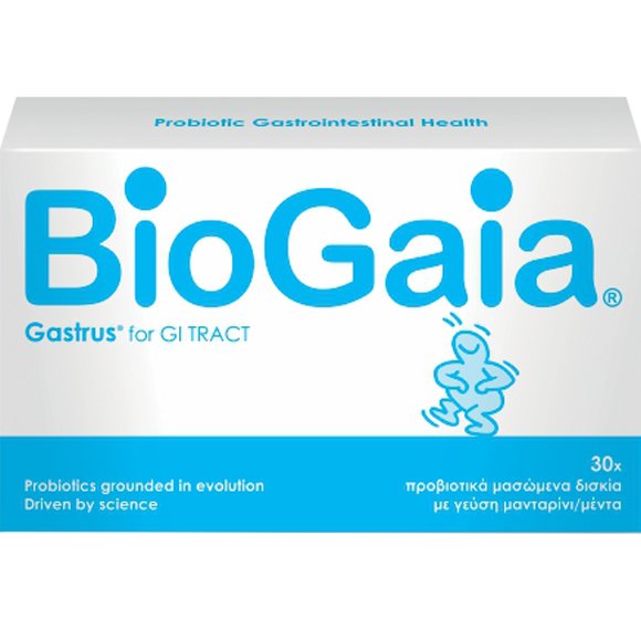 BioGaia Gastrus for Gi Tract Συμπλήρωμα Διατροφής Προβιοτικών για την Αντιμετώπιση των Γαστρεντερικών Διαταραχών Λόγω του Ελικοβακτηρίδιο του Πυλωρού με Γεύση Μέντα & Μανταρίνι 30 Chewtabs - Mint/Tangerine 60233