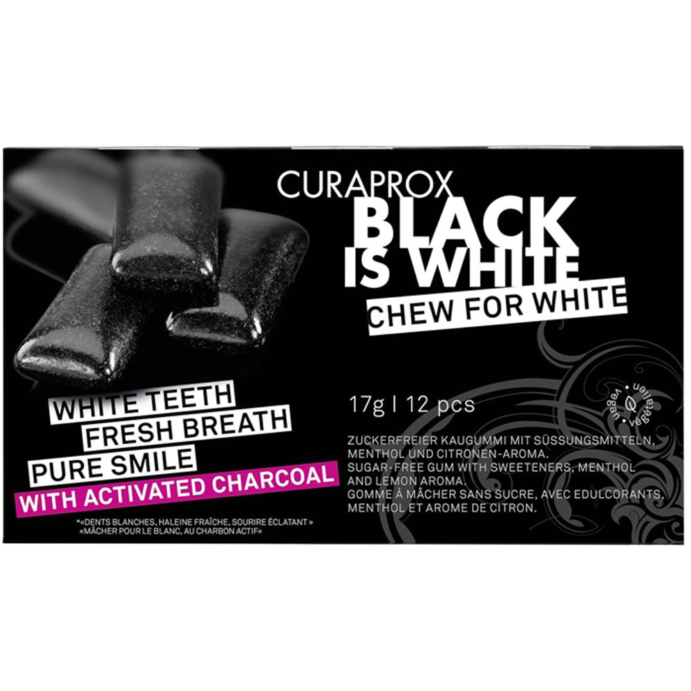 Curaprox Curaprox Black is White Chew for White Gum Τσίχλα για Λεύκανση των Δοντιών με Ενεργό Άνθρακα & Γεύση Λεμόνι - Μέντα 12 Τεμάχια