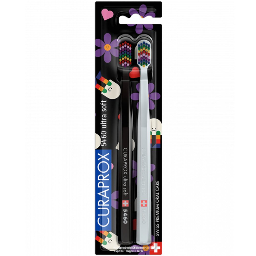Curaprox CS 5460 Duo Happy Lil Teeth Edition Ultra Soft Toothbrush Οδοντόβουρτσες με Εξαιρετικά Απαλές & Ανθεκτικές Ίνες σε Μαύρο & Άσπρο Χρώμα 2 Τεμάχια