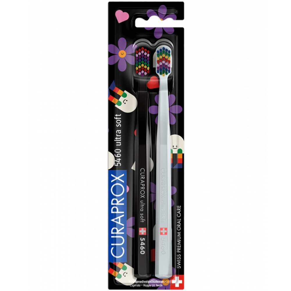 Curaprox CS 5460 Duo Happy Lil Teeth Edition Ultra Soft Toothbrush Οδοντόβουρτσες με Εξαιρετικά Απαλές & Ανθεκτικές Ίνες σε Μαύρο & Άσπρο Χρώμα 2 Τεμάχια