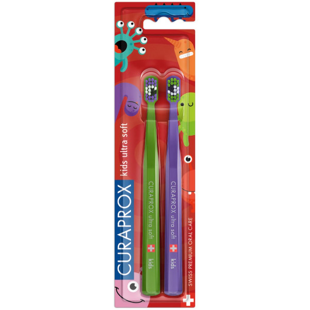 Curaprox Kids Little Bacteria Edition Ultra Soft Toothbrush Παιδικές Οδοντόβουρτσες με Εξαιρετικά Μαλακά, Λεπτά Νήματα σε Πράσινο & Μωβ Χρώμα 2 Τεμάχια