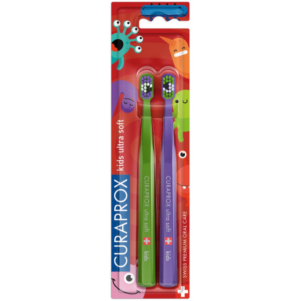 Curaprox Kids Little Bacteria Edition Ultra Soft Toothbrush Παιδικές Οδοντόβουρτσες με Εξαιρετικά Μαλακά, Λεπτά Νήματα σε Πράσινο & Μωβ Χρώμα 2 Τεμάχια