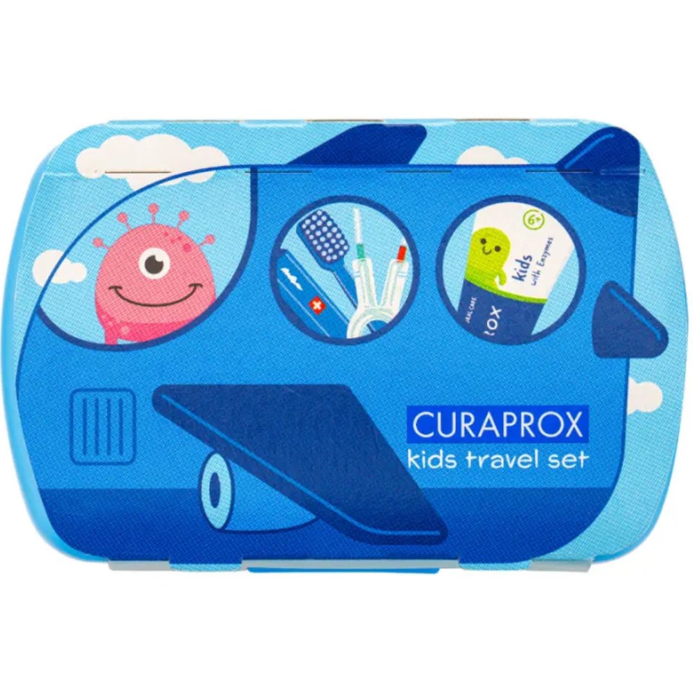 Curaprox Kids Oral Hygiene Σετ Ταξιδιού Στοματικής Φροντίδας Παιδιών από 6 έως 12 Ετών με Οδοντόκρεμα με Γεύση Μέντα, Οδοντόβουρτσα με Πολύ μαλακές Ίνες, Μεσοδόντια & Θήκη Travel Set 1 Τεμάχιο - Μπλε