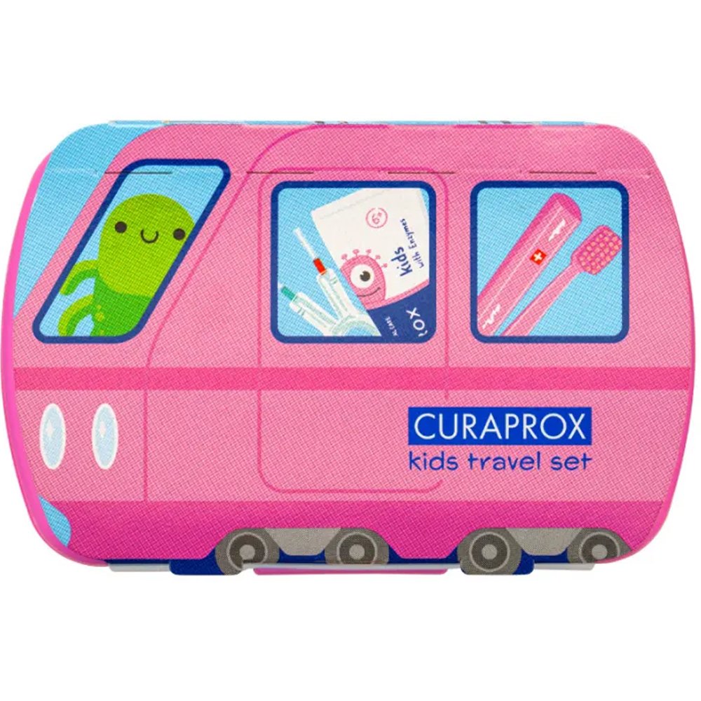 Curaprox Kids Oral Hygiene Σετ Ταξιδιού Στοματικής Φροντίδας Παιδιών από 6 έως 12 Ετών με Οδοντόκρεμα με Γεύση Καρπούζι, Οδοντόβουρτσα με Πολύ μαλακές Ίνες, Μεσοδόντια & Θήκη Travel Set 1 Τεμάχιο - Ροζ