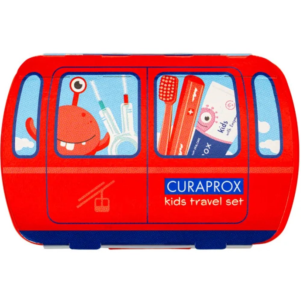 Curaprox Curaprox Kids Oral Hygiene Σετ Ταξιδιού Στοματικής Φροντίδας Παιδιών από 6 έως 12 Ετών με Οδοντόκρεμα με Γεύση Καρπούζι, Οδοντόβουρτσα με Πολύ μαλακές Ίνες, Μεσοδόντια & Θήκη Travel Set 1 Τεμάχιο - Κόκκινο