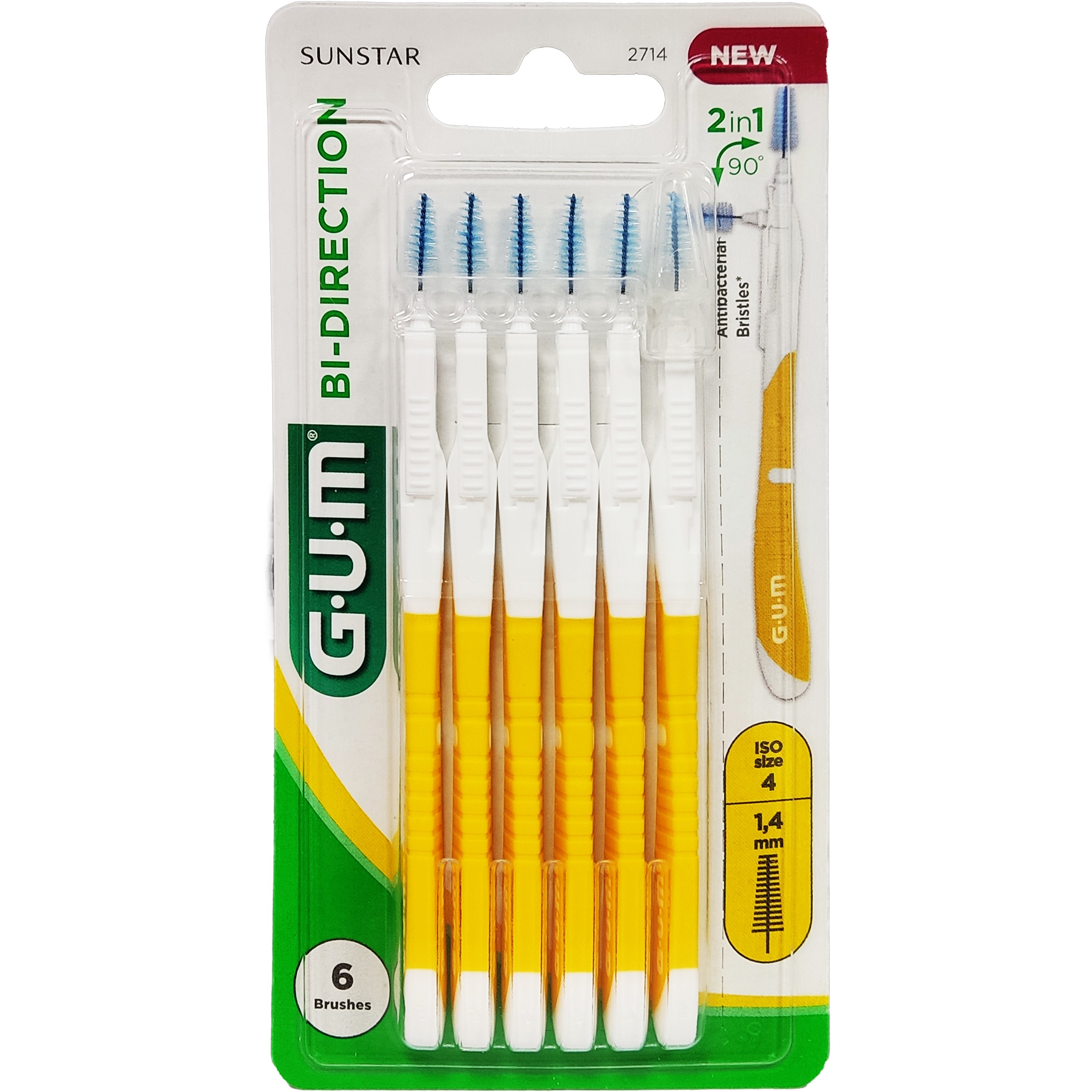 Gum Bi-Direction Cylindrical Micro 1.4mm (2714) Yellow Βουρτσάκι Αμφίδρομης Κατεύθυνσης Μεσοδόντιων Διαστημάτων Κίτρινο 6 Τεμάχια